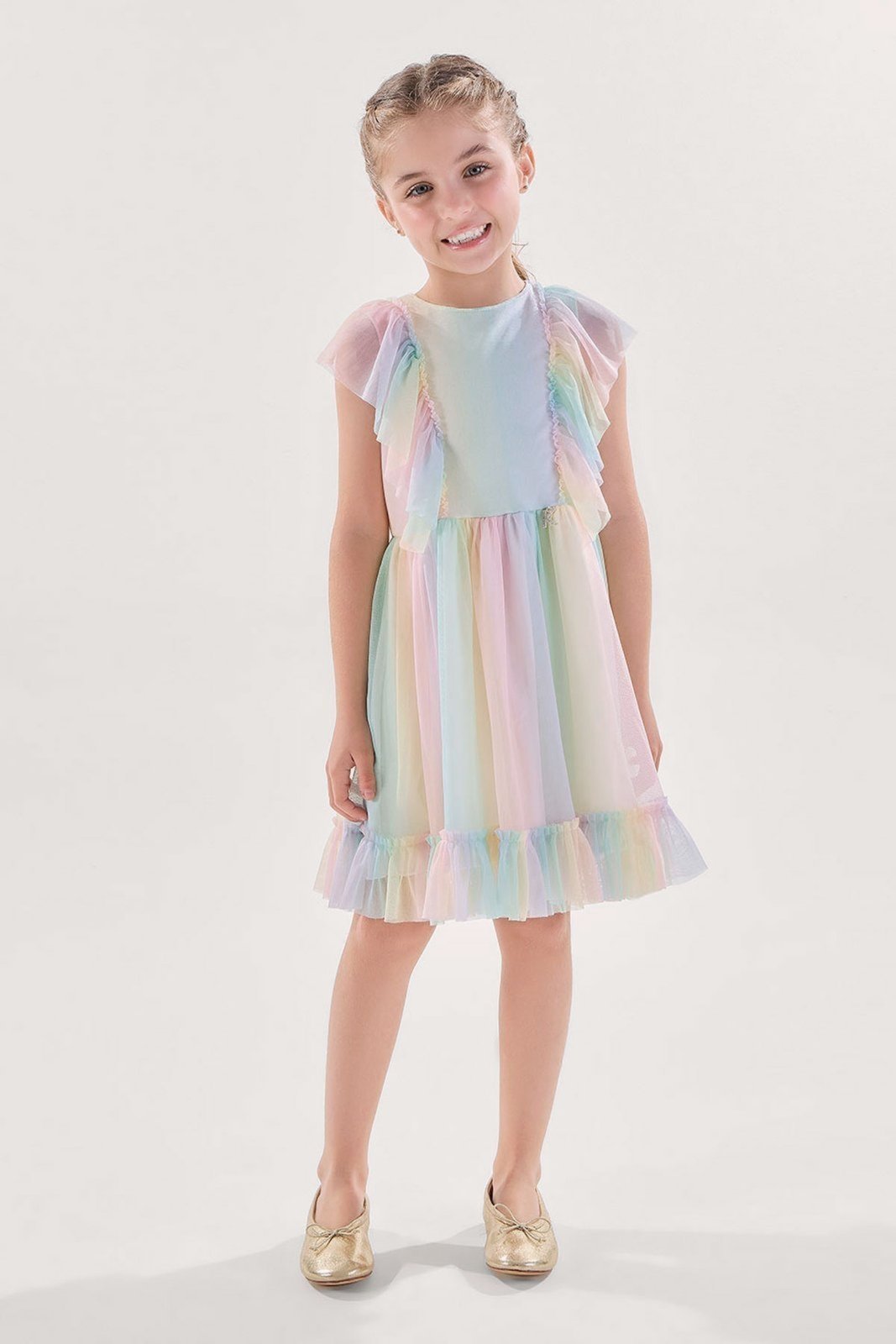 Infantil - Vestido Arco-Ìris com Tule Estampado