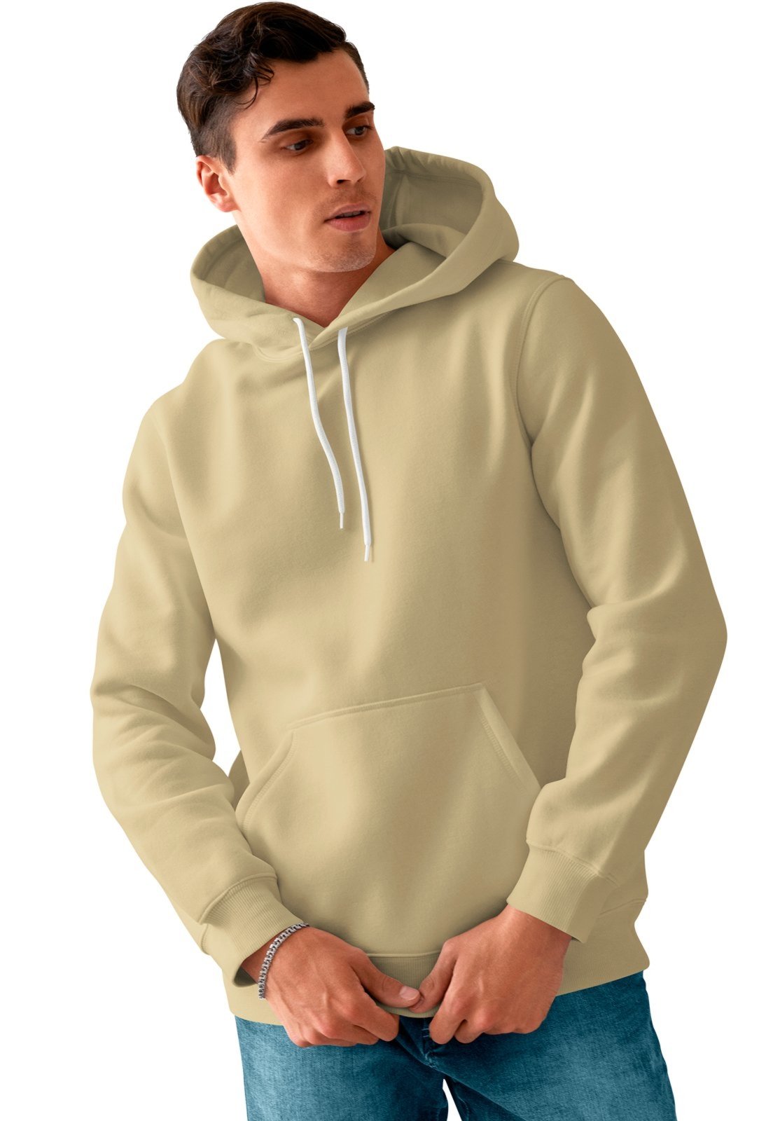 Blusa De Frio Masculina Moletom Liso Com Capuz e Bolso Canguru Felpado Bege