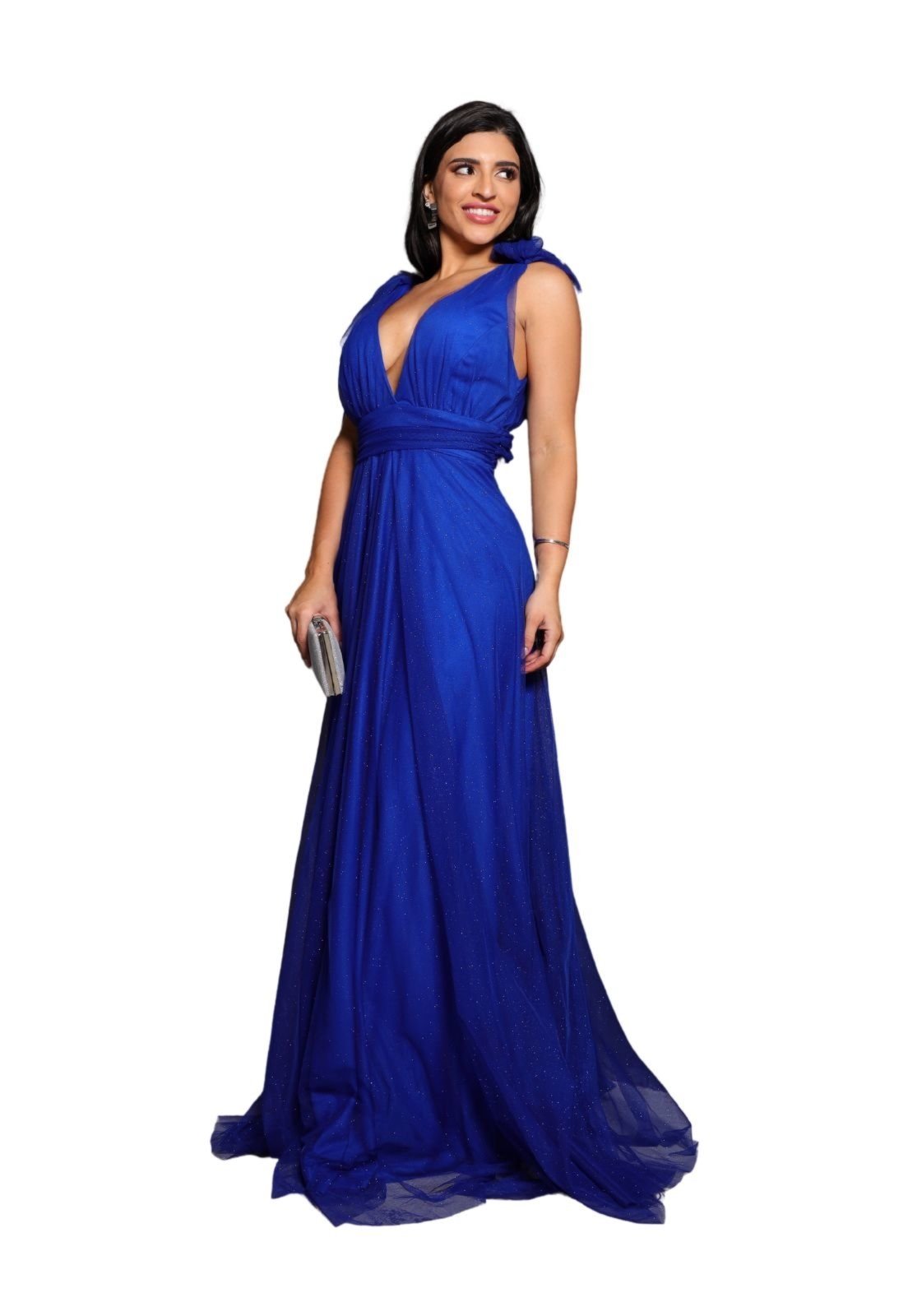 Vestido Longo de Festa Micro Tule com Brilho Madrinhas Decote em V Greice Azul Bic