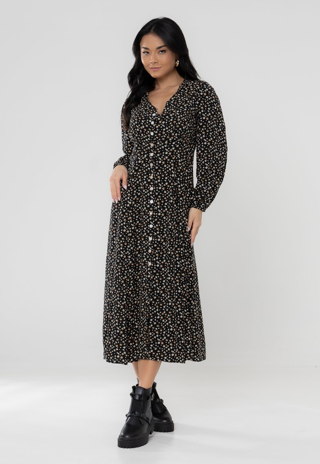 Vestido Aura Mônica Manga Longa Floral Preto
