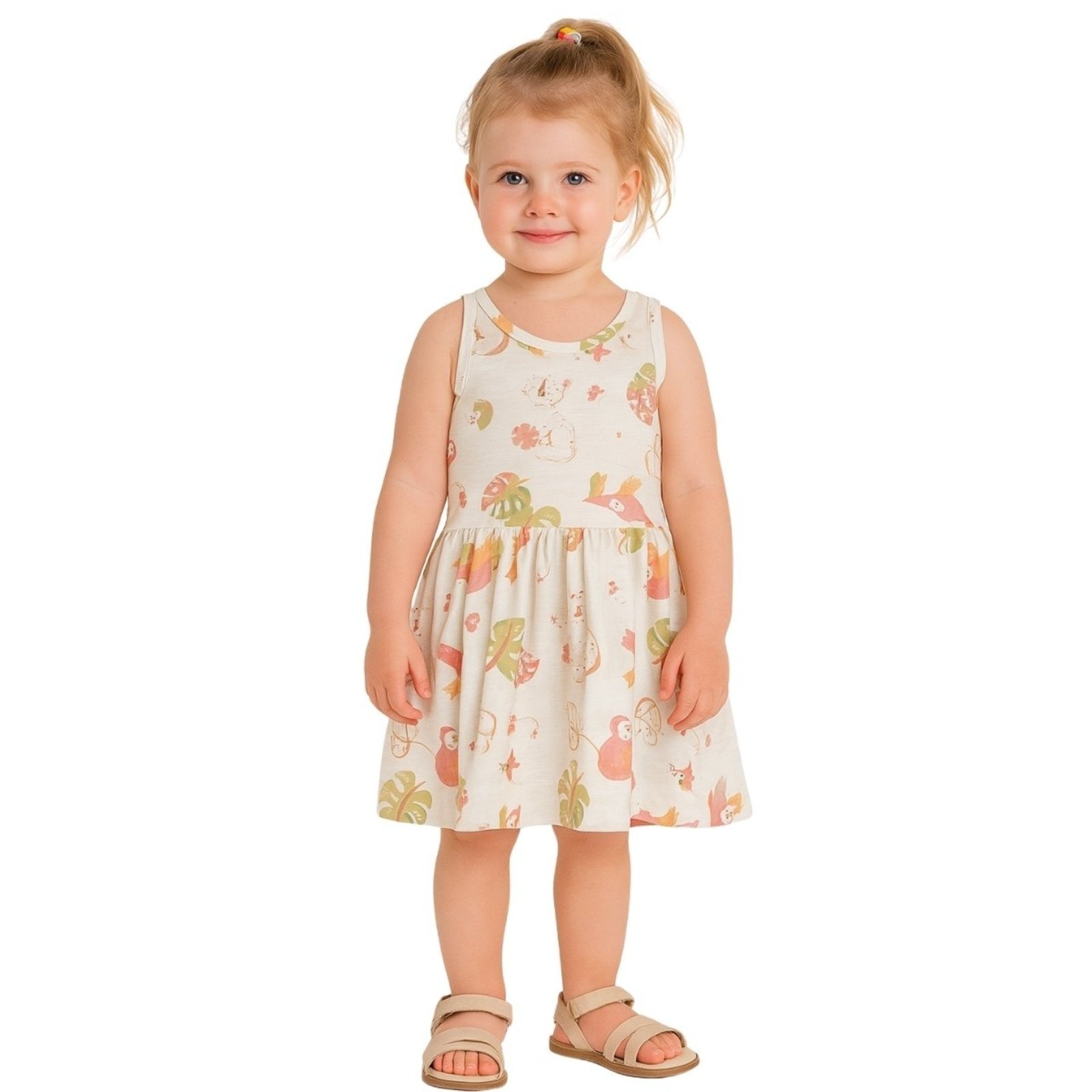 Vista 2 Infantil - Vestido Brandili Regata Flores Tropicais Creme bege Brandili bege