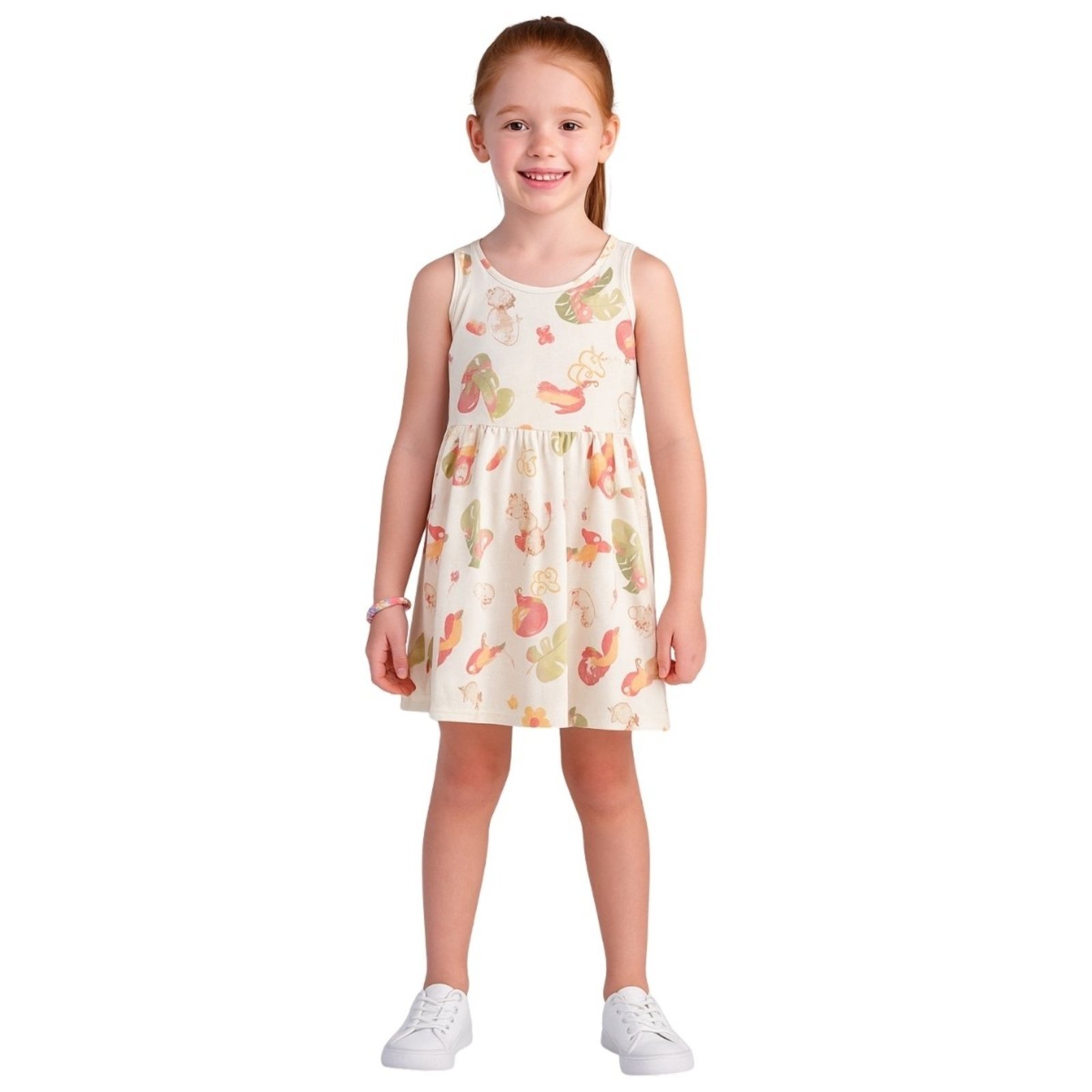 Vista 3 Infantil - Vestido Brandili Regata Flores Tropicais Creme bege Brandili bege