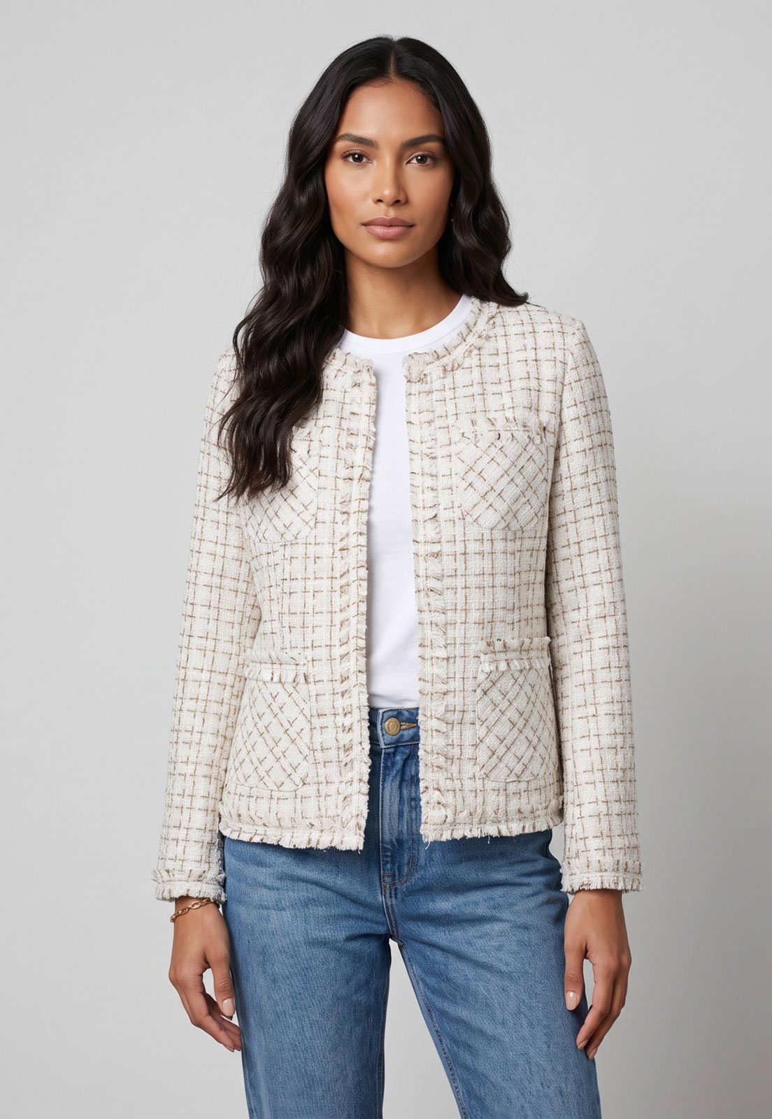 Blazer Feminino Facinelli Tweed Fios Dourados Off-White