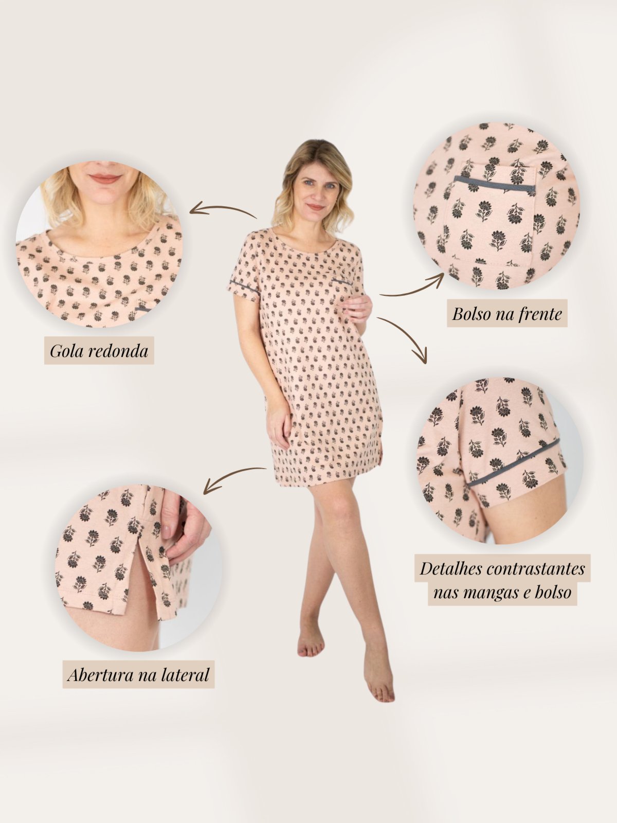 Vista 3 Camisola Algodão Feminina Manga Curta Verão Adulto Floral Piante rosê Piante rosê