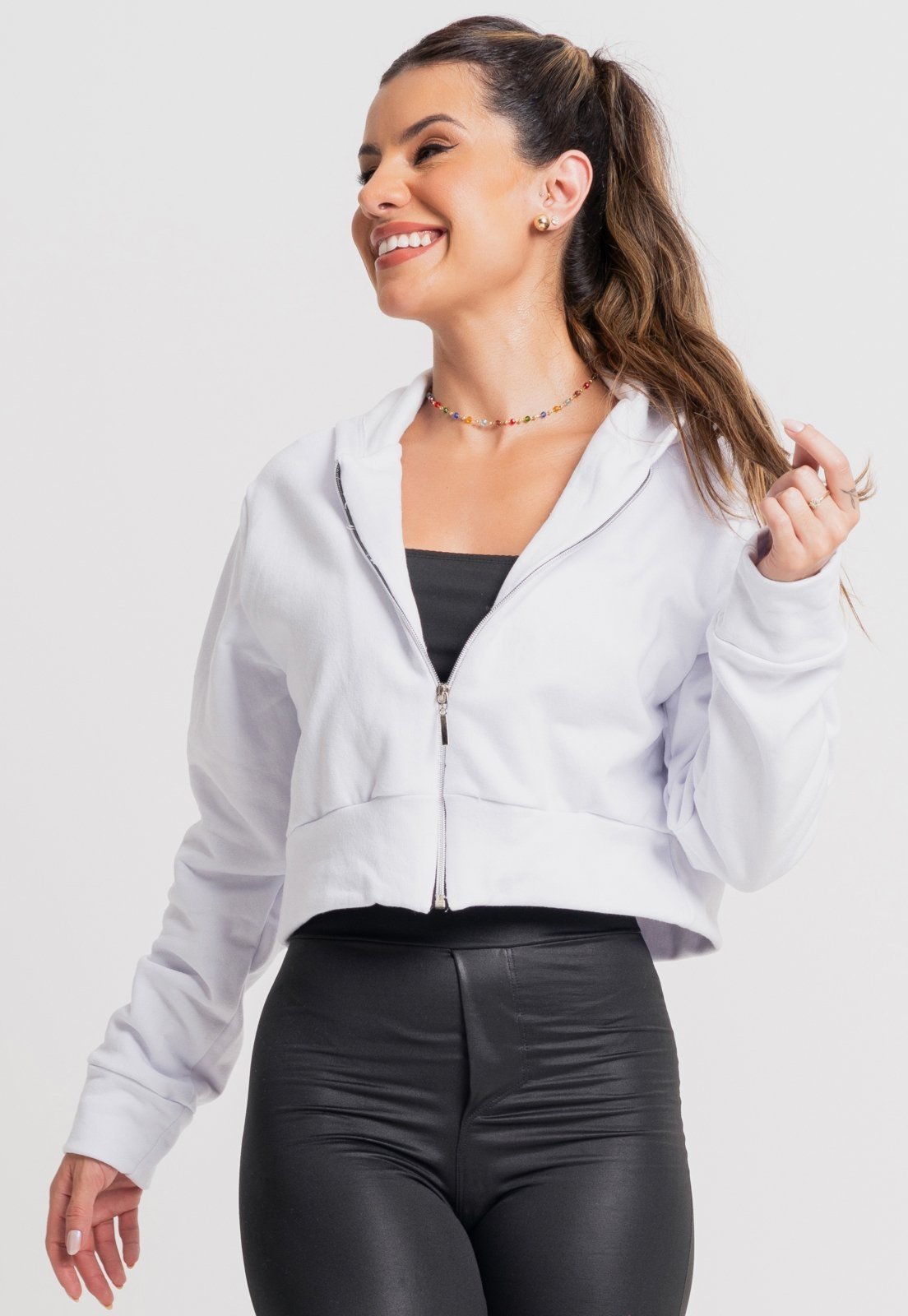 Casaco MVB Modas Bomber Ziper Moletom Cropped Flanelado Inverno Branco