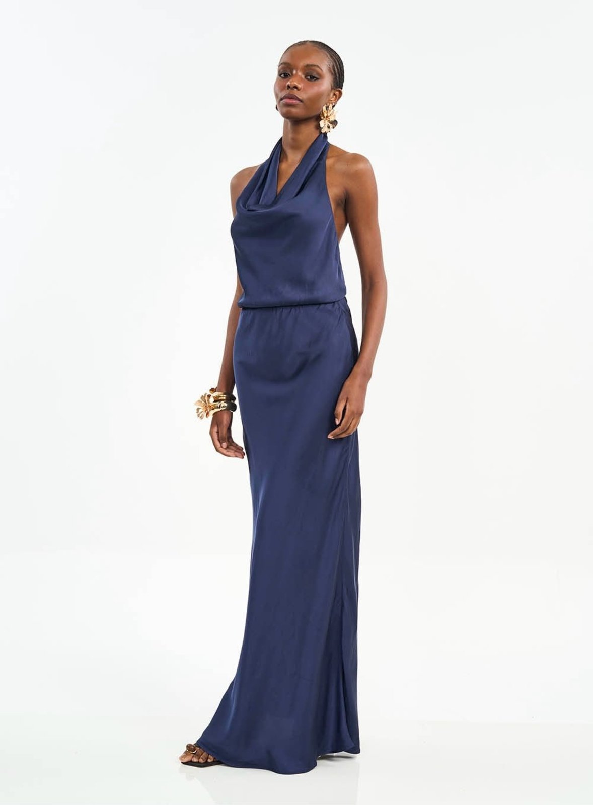 Vestido Longo Acetinado com Costas Abertas Colcci Azul Olympic