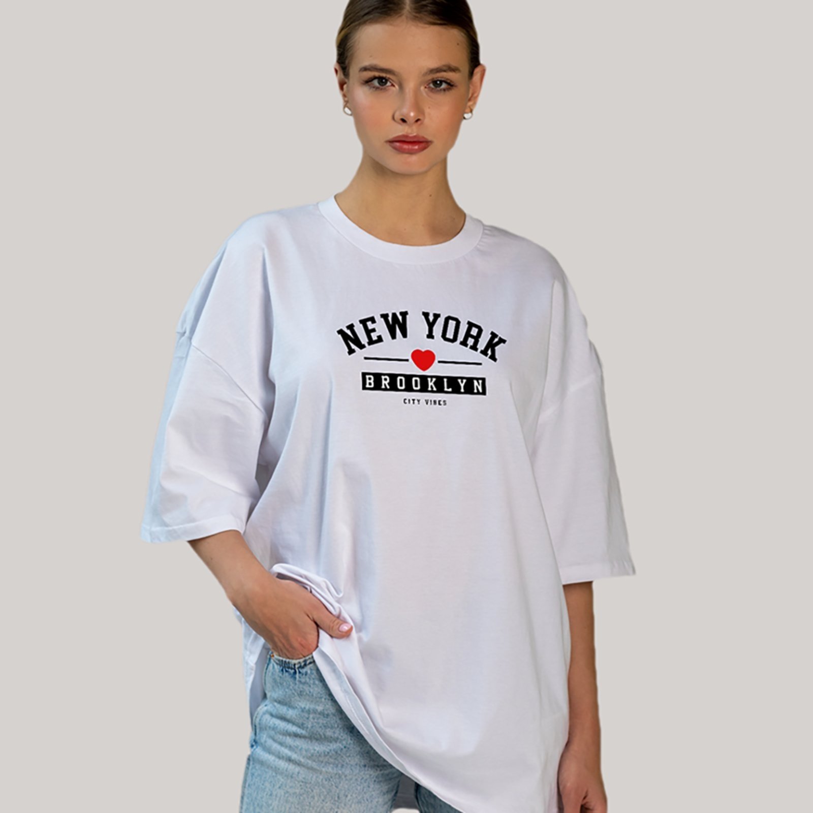 Camiseta Ousy New York Brooklyn Street Oversized Unissex Branco