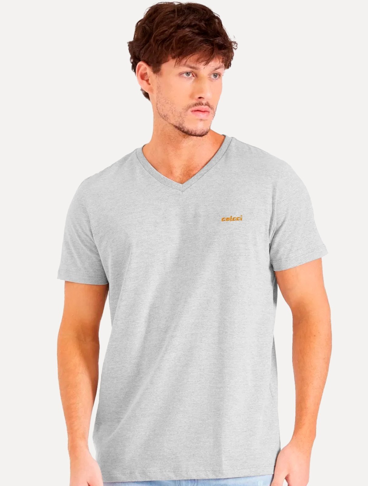 Camiseta Colcci Masculina V-Neck Logo Minimalista Cinza Mescla