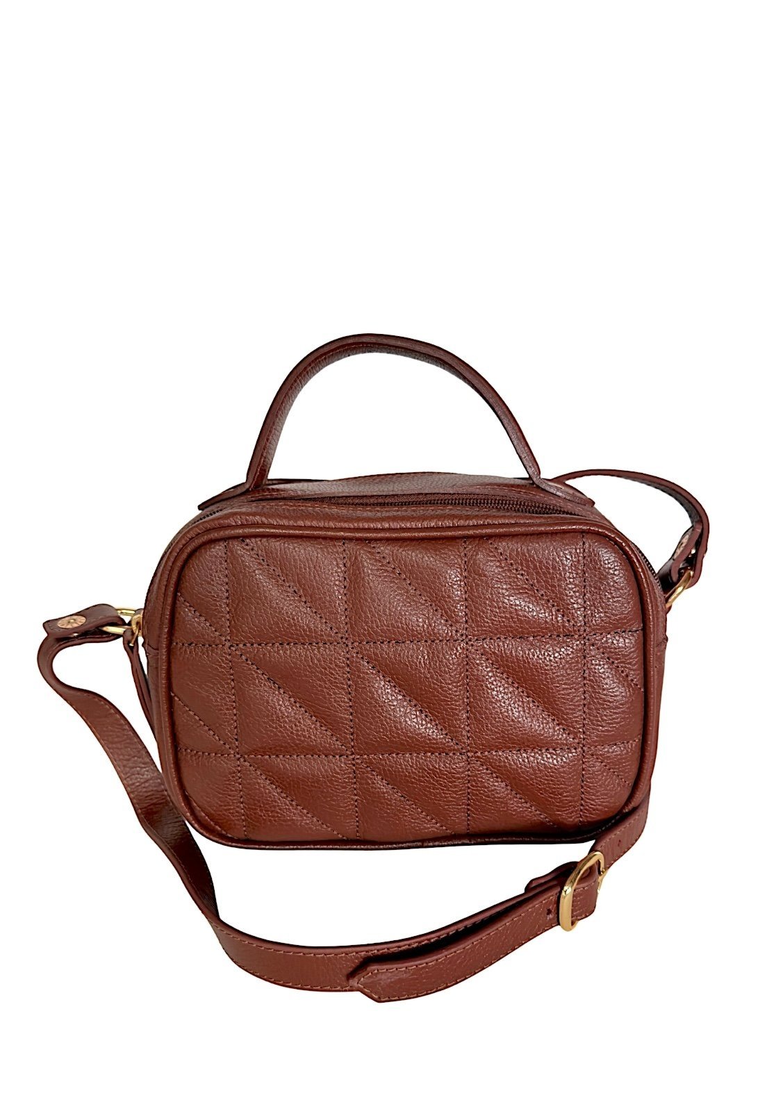 Bolsa Transversal em Couro Legítimo Marrom com Matelassê e Duas Divisórias