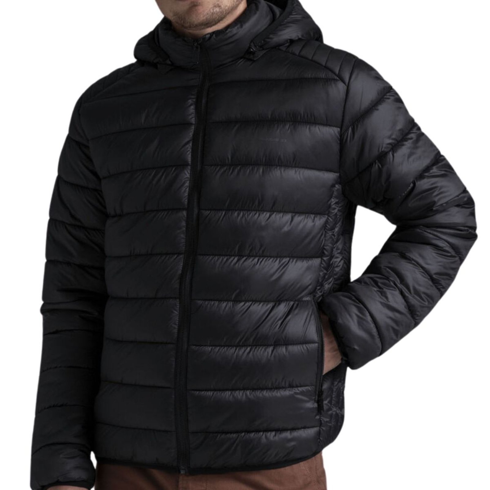 Jaqueta Masculina Plus Size Puffer FMF Lisa Impermeável com Capuz Removível e Isolamento Térmico Preto