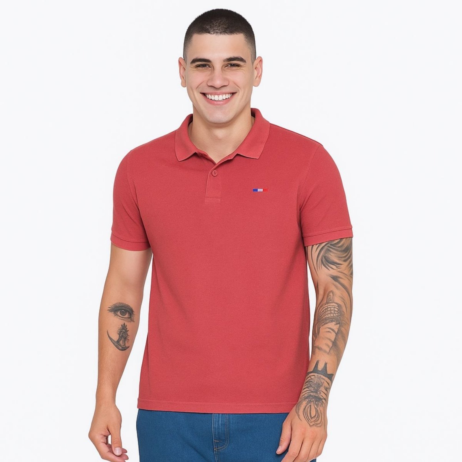 Camisa Polo Masculina Básica Industrie Piquet no Estilo Tommy Bordado França Coral