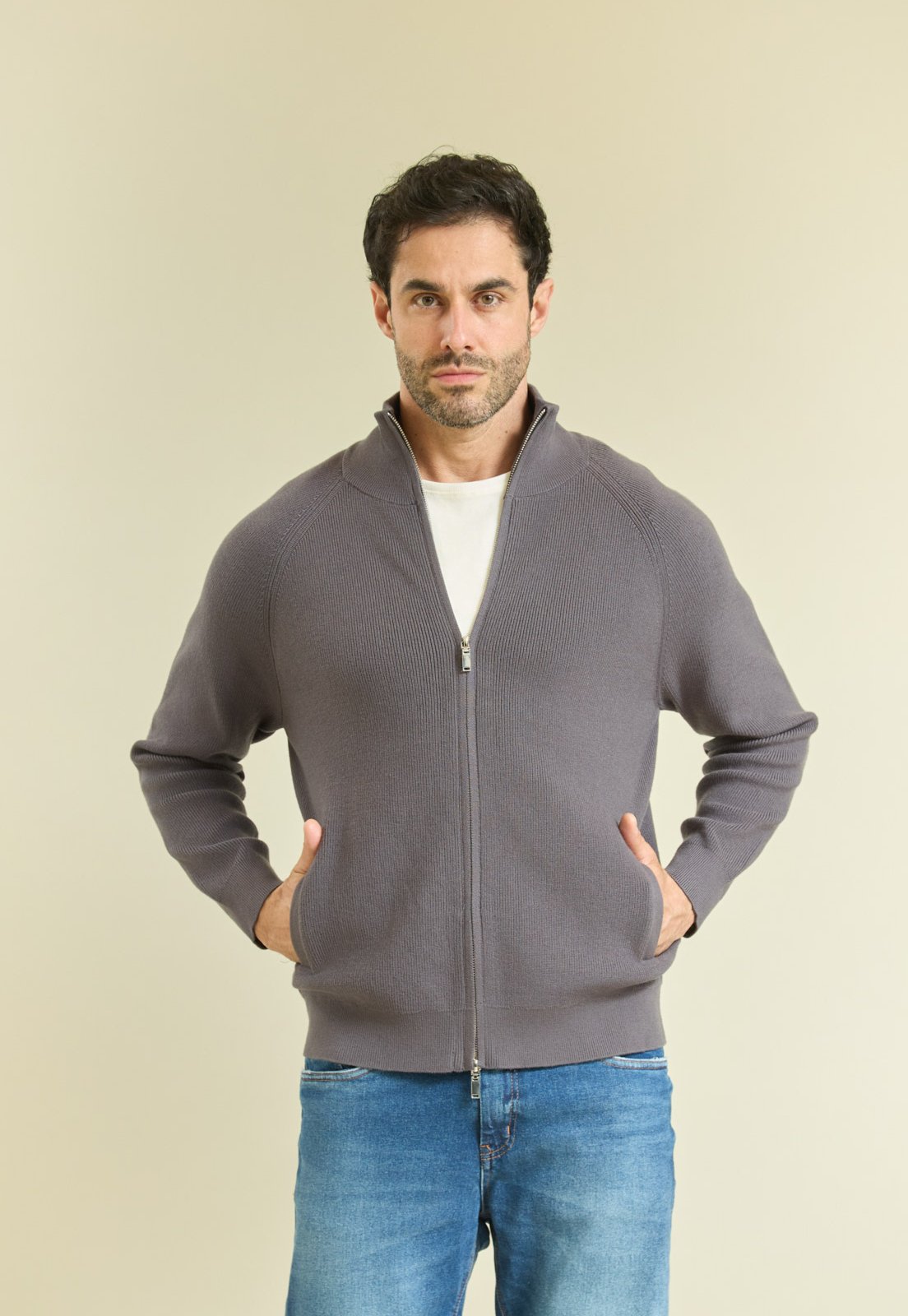 Jaqueta Tricot Classic Gola Alta Dialogo Chumbo