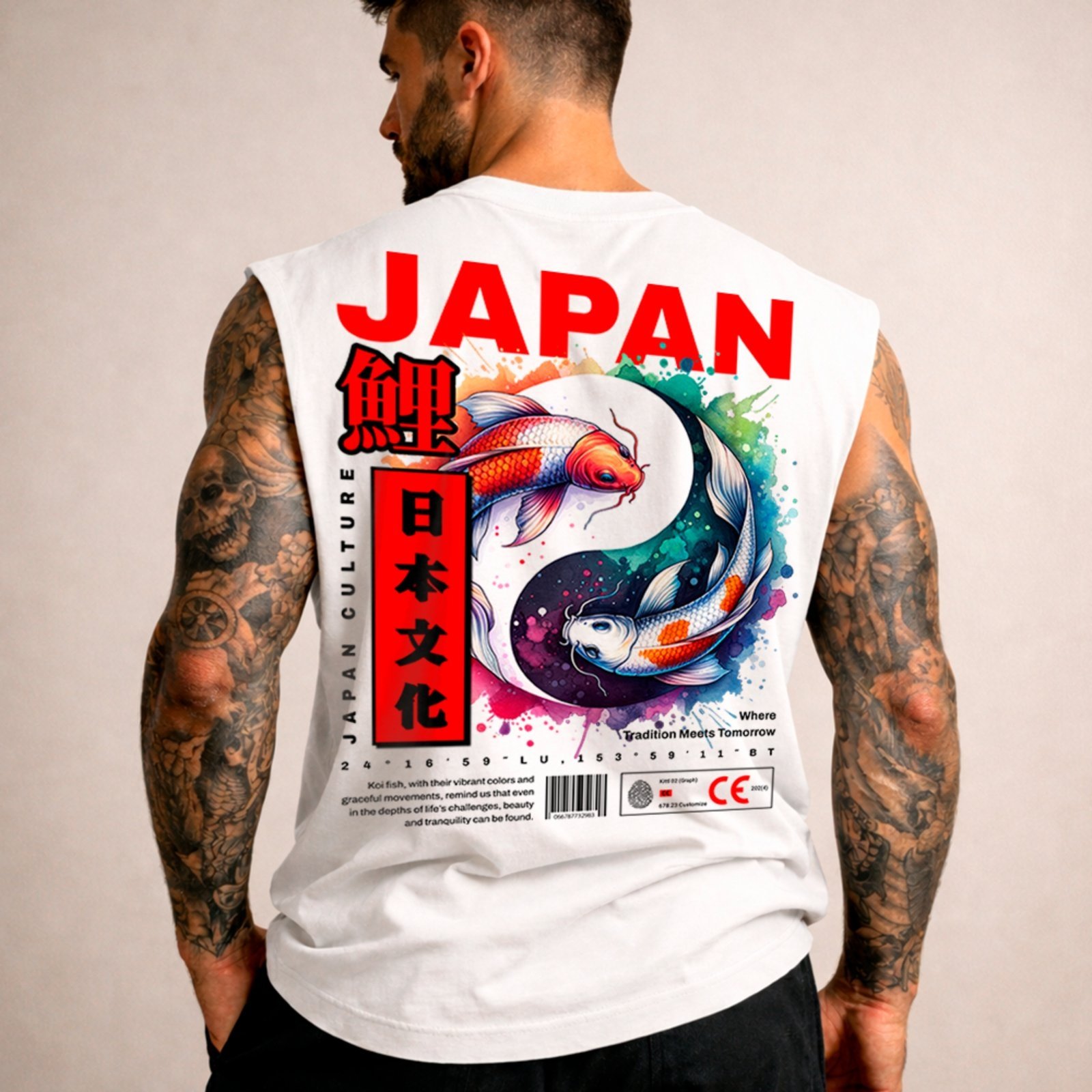 Camiseta Regata Machão Japão Koi Fish Yin Yang Street Branco