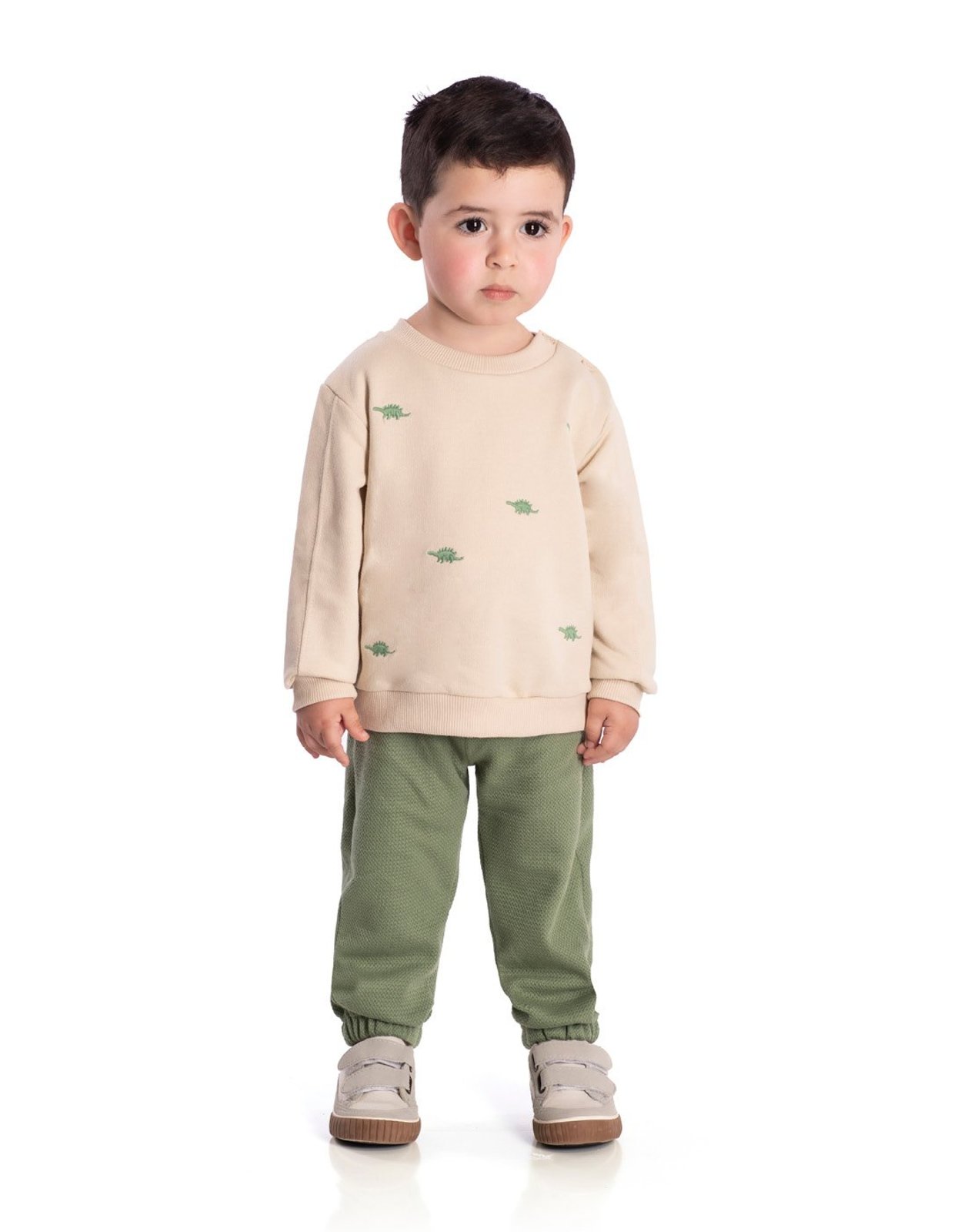 Infantil - Conj. casaco moletinho bordado dinos + calça verde texturizada