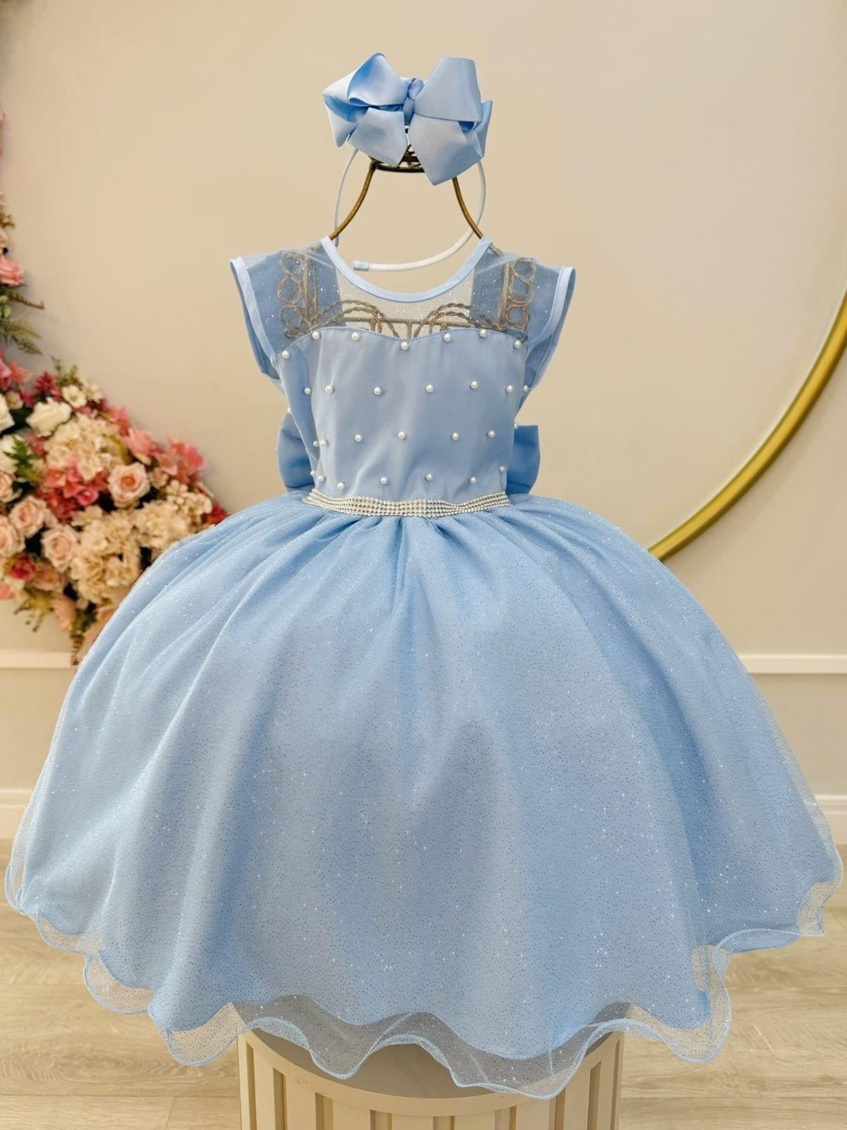 Infantil - Vestido Festa Azul Claro Serenity Formatura Florista Casamento Pérolas Dama Daminha Social Menina Juvenil Pérolas Princesa Rodado Aniversário Luxo