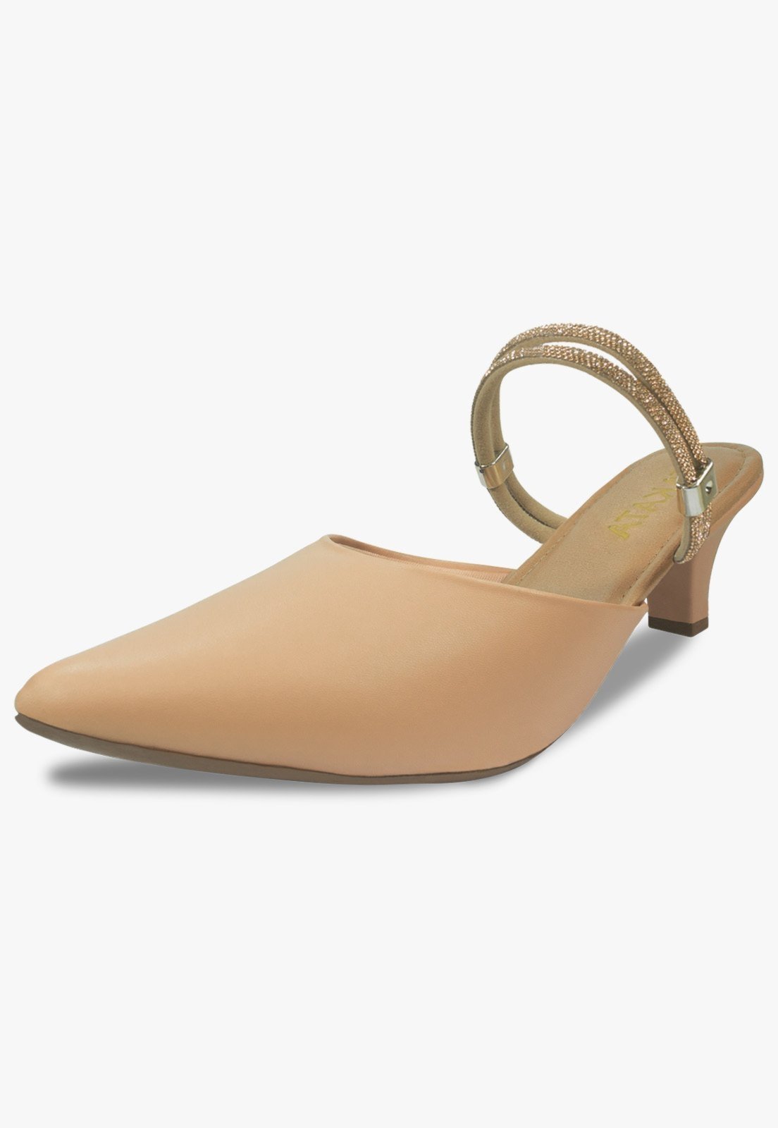 Scarpin Mule Feminino Takata Salto Baixo Fino Brilho Strass 2 em 1 Bico Fino Nude