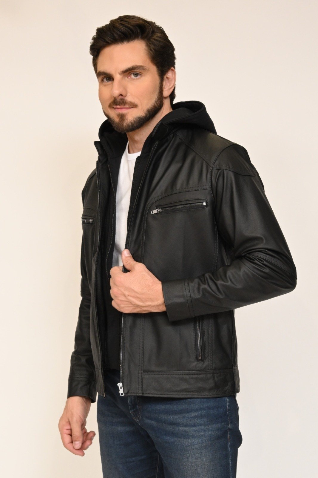 Jaqueta de Couro com Capuz Dublin Preto