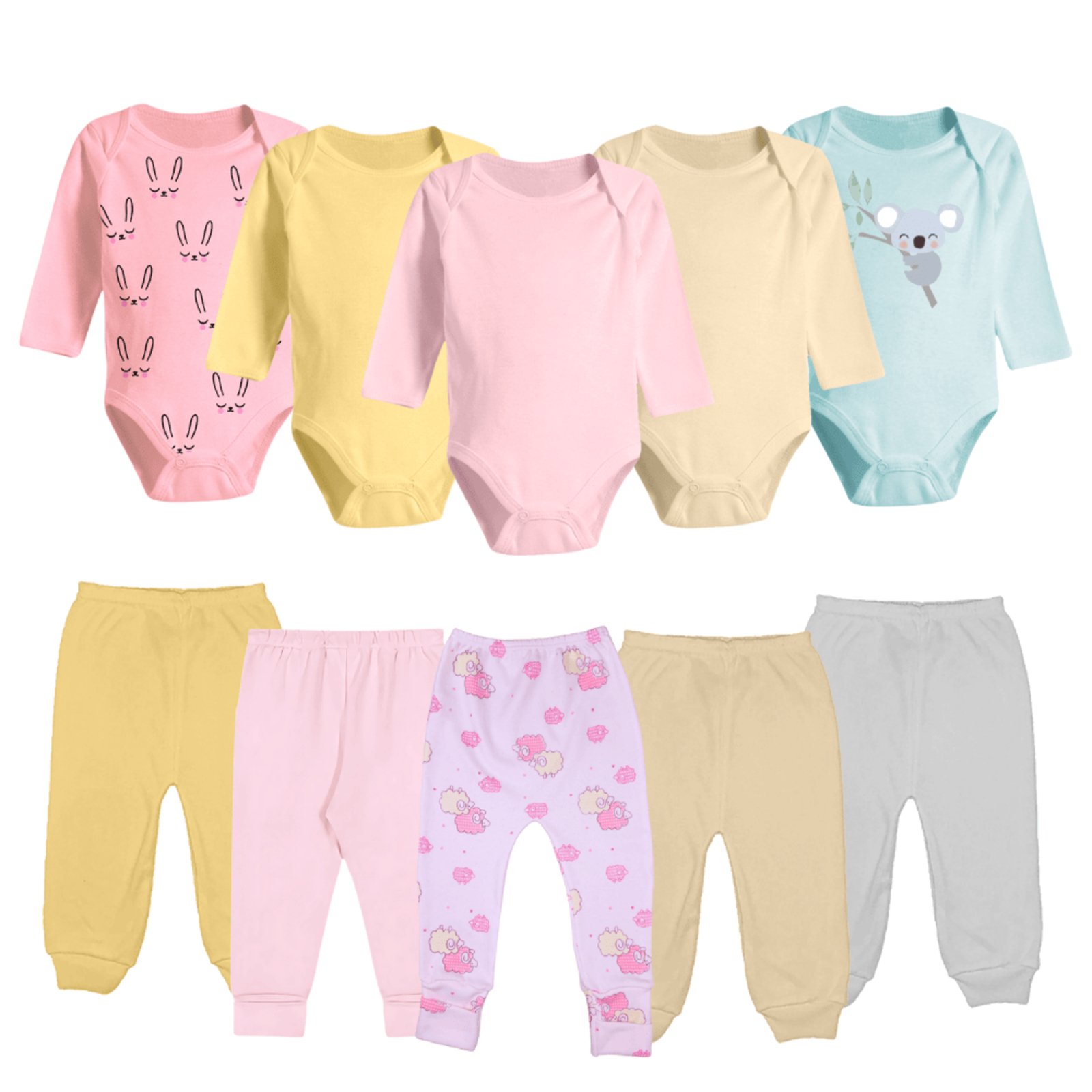 Infantil - Kit Enxoval 10 Peças Body Manga Longa e Mijão Algodão Rosa