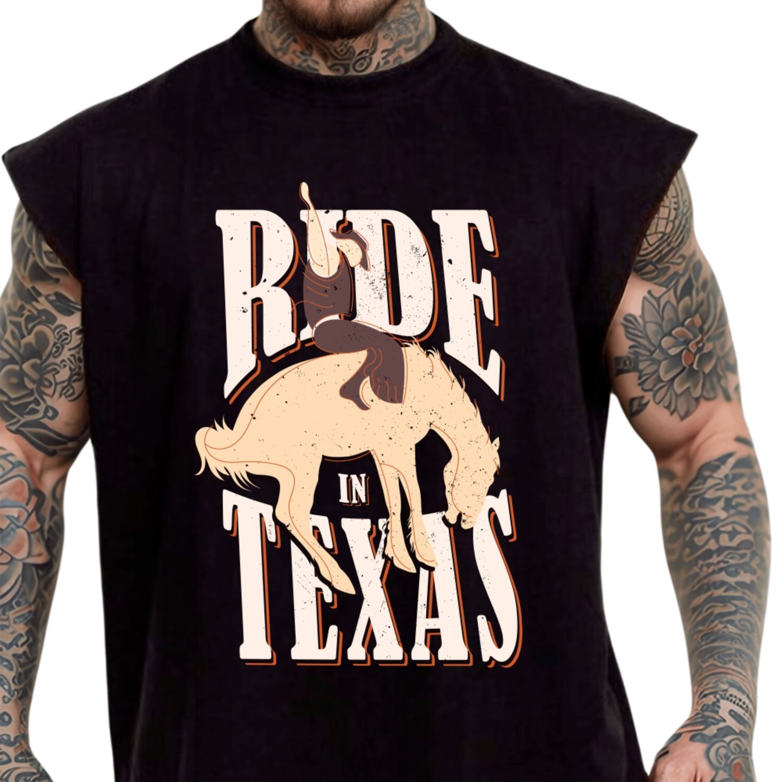 Camiseta Regata Machão Country Ride In Texas Inspiração Americana Masculina Preto
