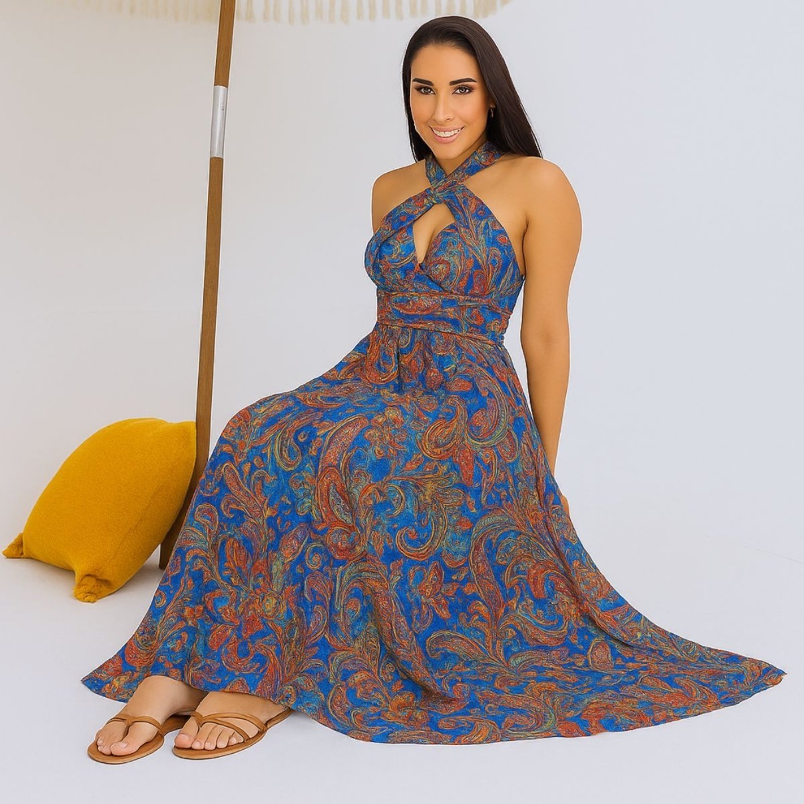 Vestido Longo Indiano FMF Frente Única com Amarração Versátil Azul