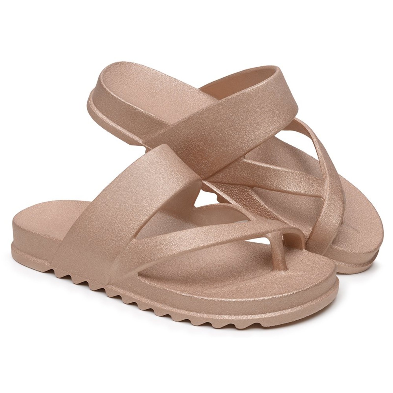Chinelo Feminino Casual Veritimo Papete Rasteira De Dedo Flat Conforto Leve Metalizada Rosê