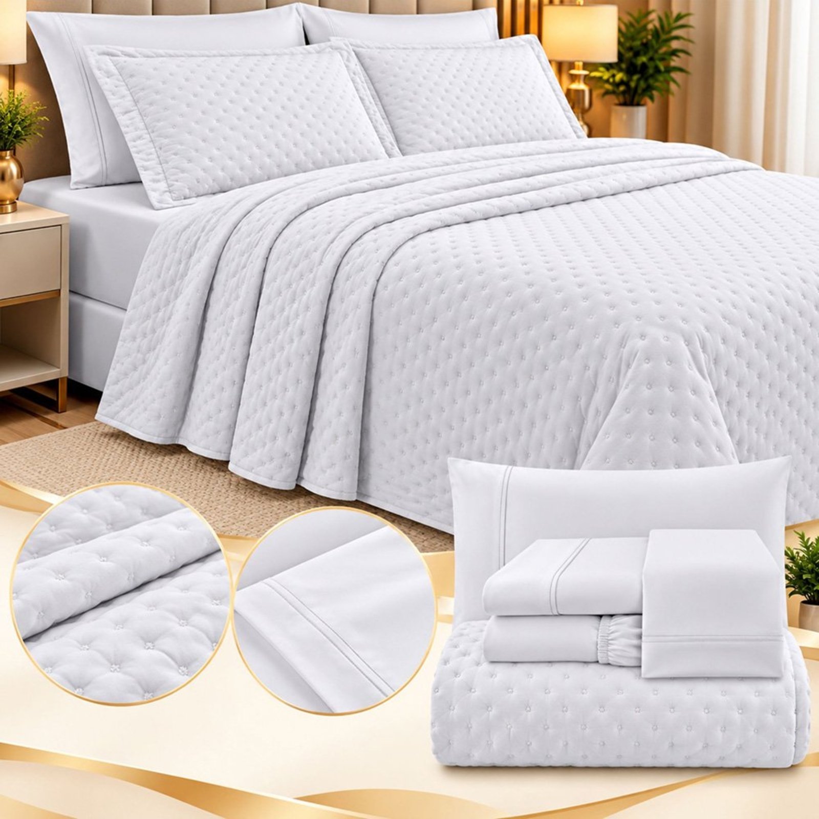 Kit Coordenado Cobre Leito Colcha Rivieri Queen Dupla Face 7 Peças - Branco