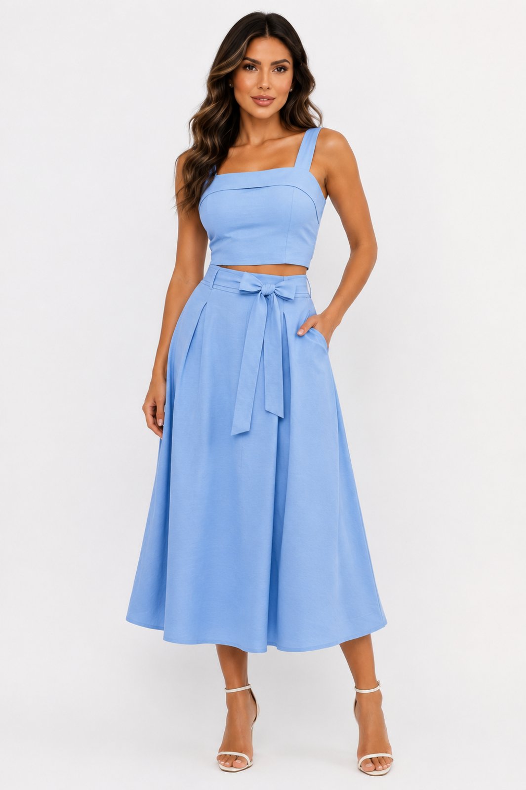 Conjunto D Bell Outlet Fashion Cropped e Saia Midi Azul