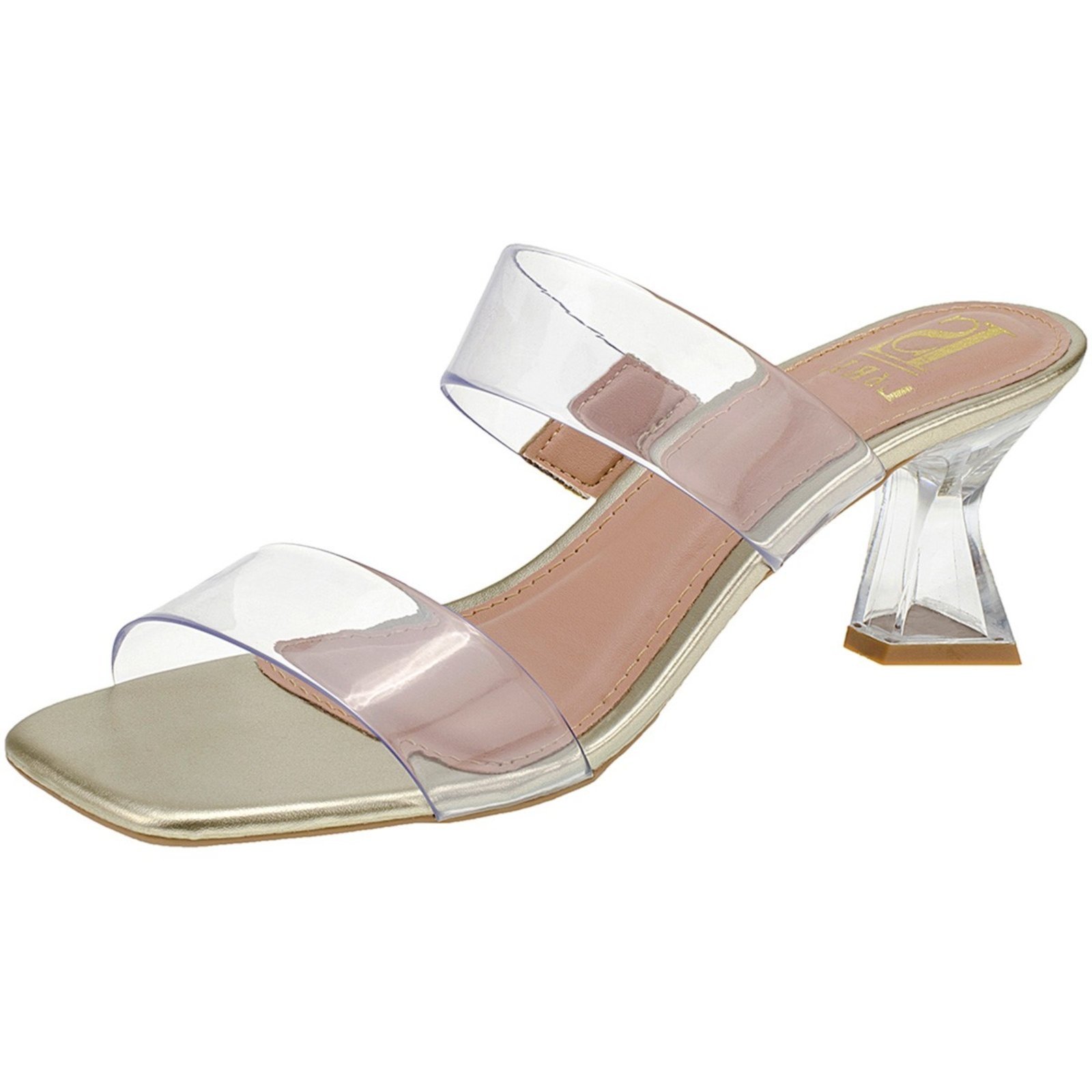 Sandalia Tamanco Salto Alto Taça Cristal Fino Lóris Shoes Vinil Transparente Ouro