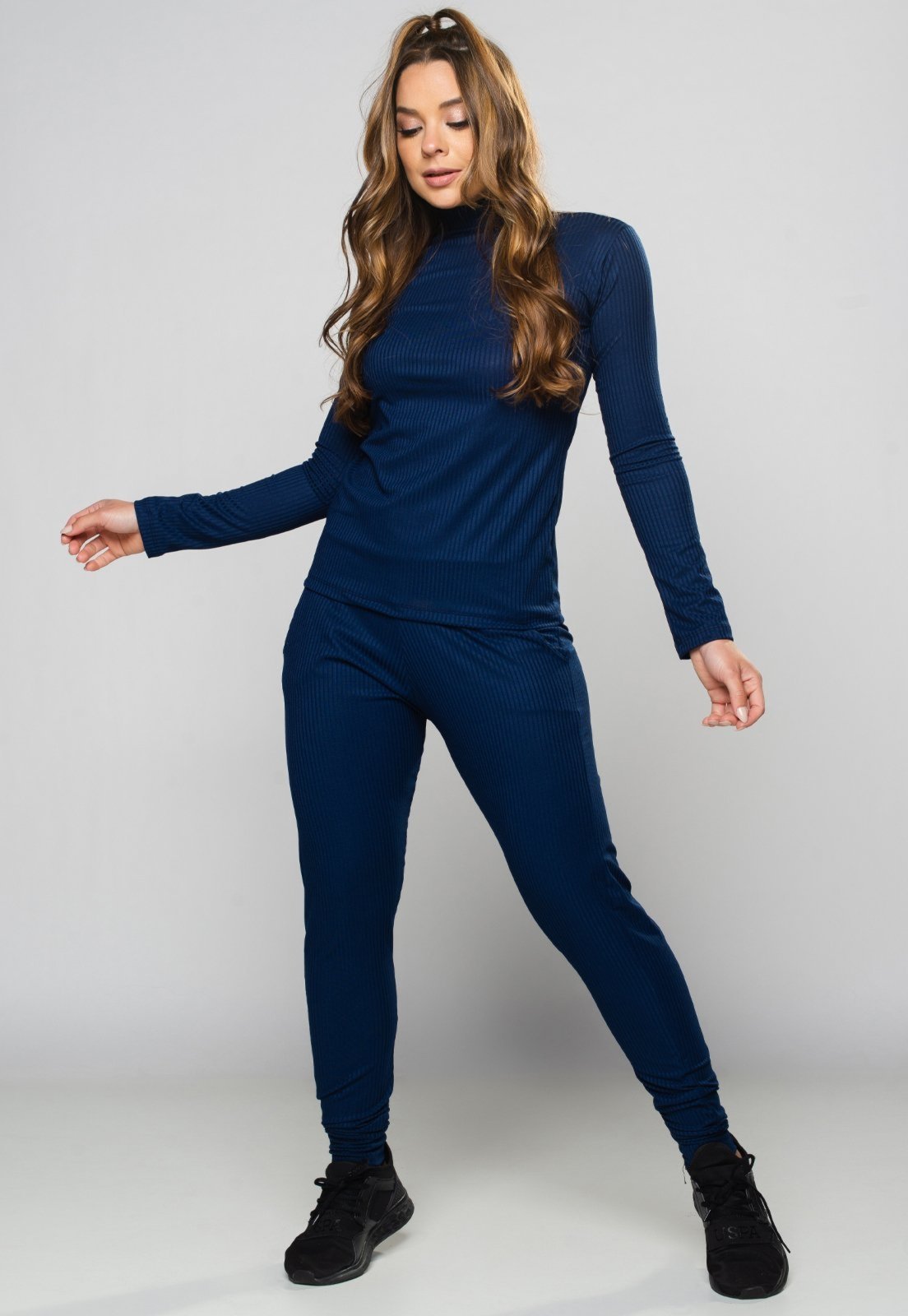 Conjunto MVB Modas Ribana Canelada Calça Jogger Cintura Alta e Blusa Gola Alta Azul