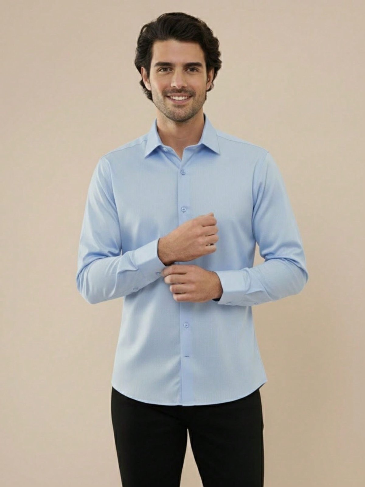 Camisa Social Masculina Slim Fit Manga Longa Lisa em Tecido Tricoline Azul