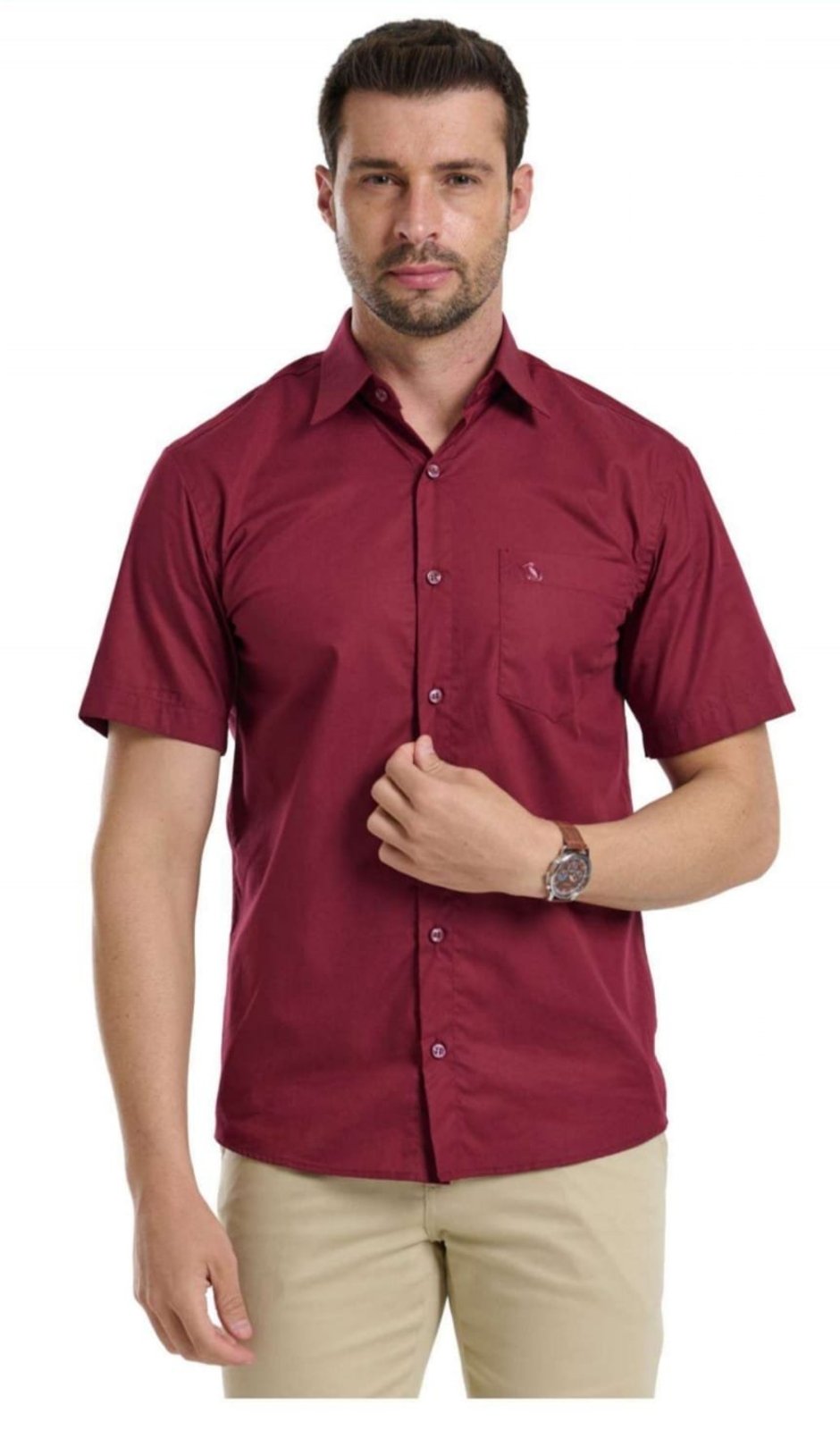 Camisa Social Amil Clássica Angra Algodão Manga Curta Com Bolso Luxo Bordô