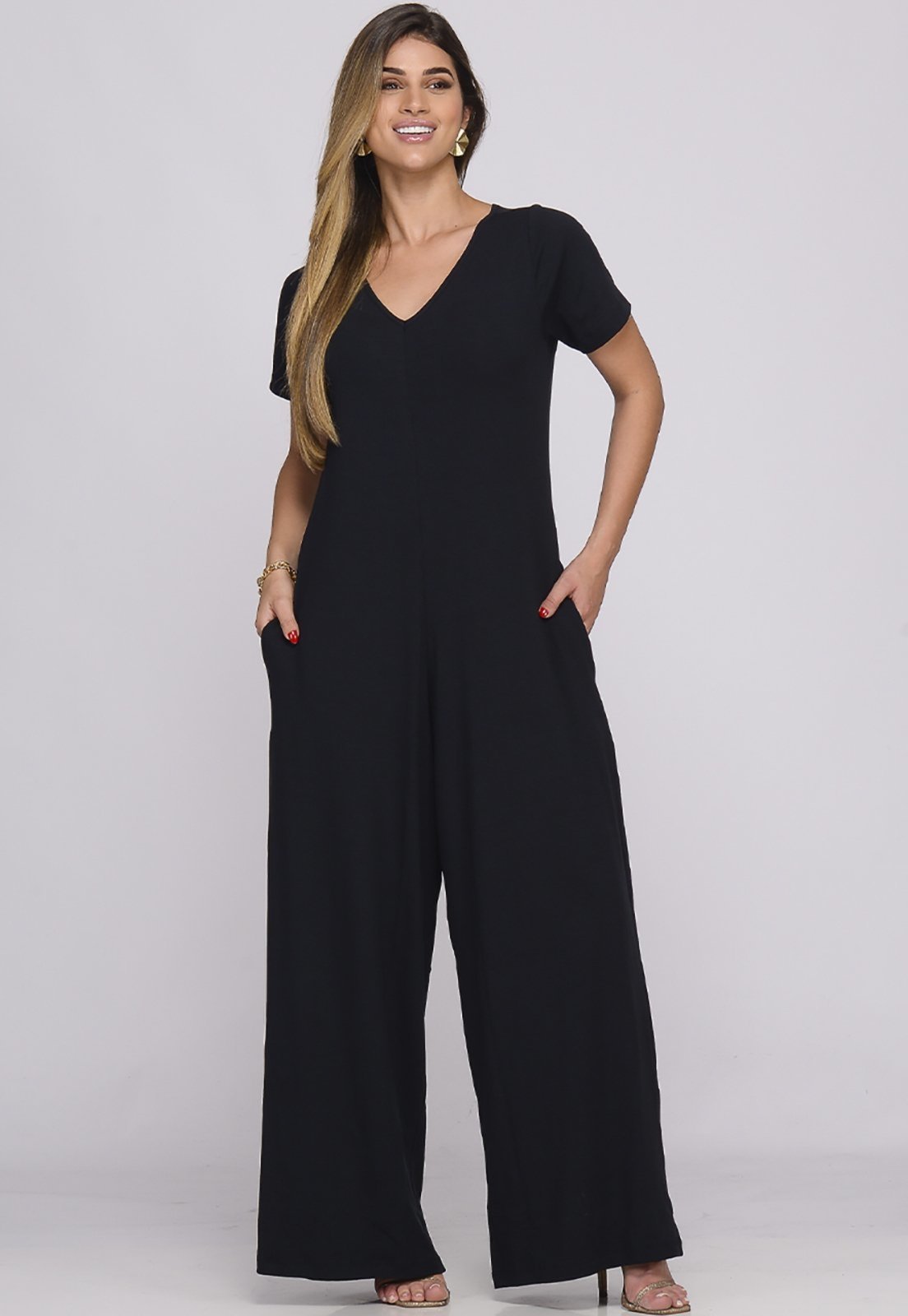 Macacão Pantalona M/C Bolsos B’Bonnie Esther Preto