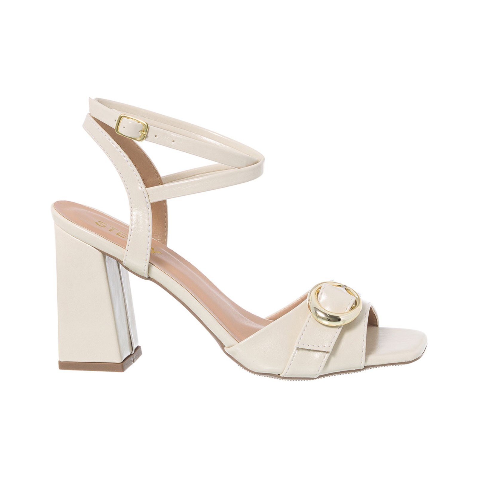 Sandália Feminina Bico Quadrado Salto Bloco Fivela Luxo Moda Off White
