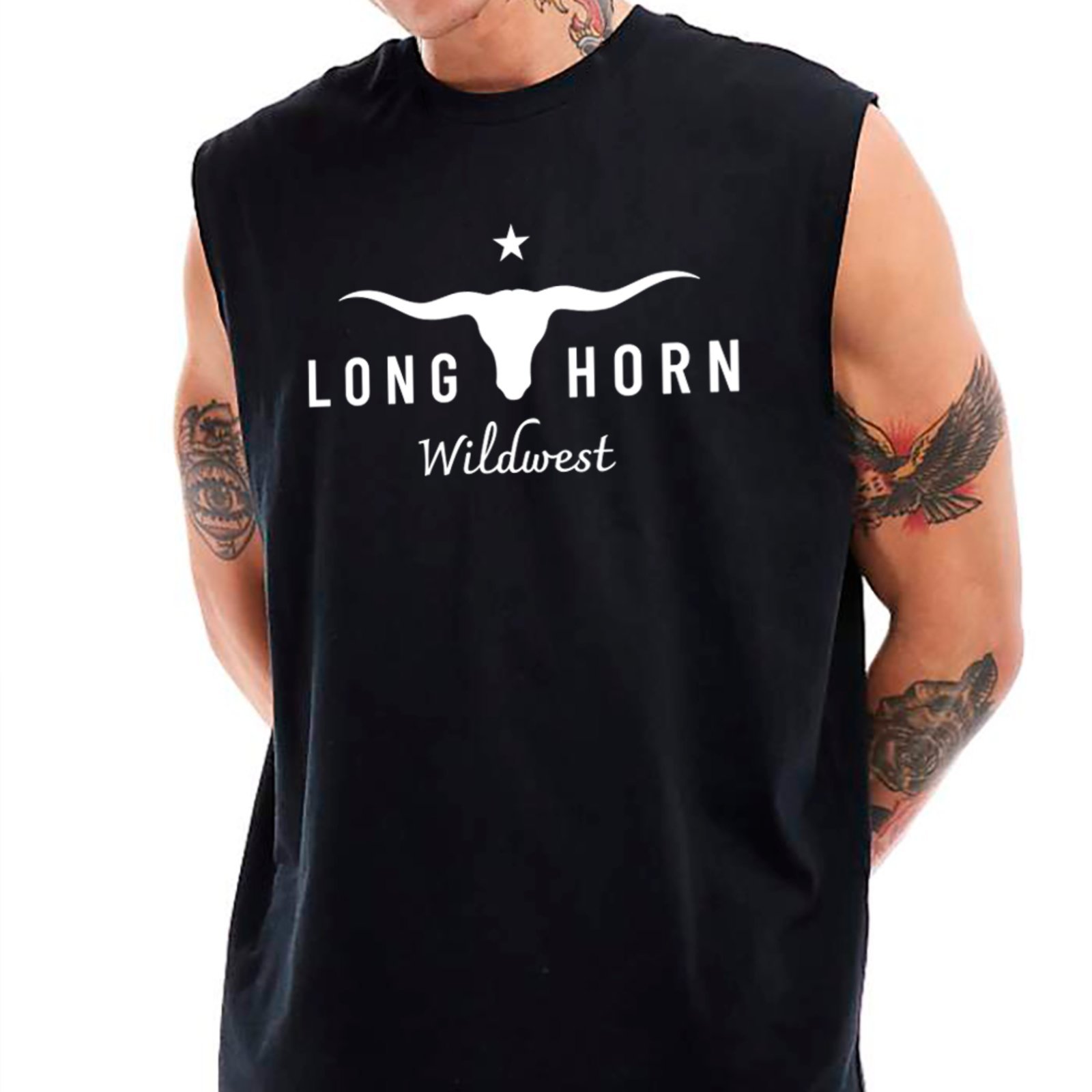 Camiseta Regata Machão Country Longhorn Wildwest Visual Exclusivo Ranch Wear Masculina Preto
