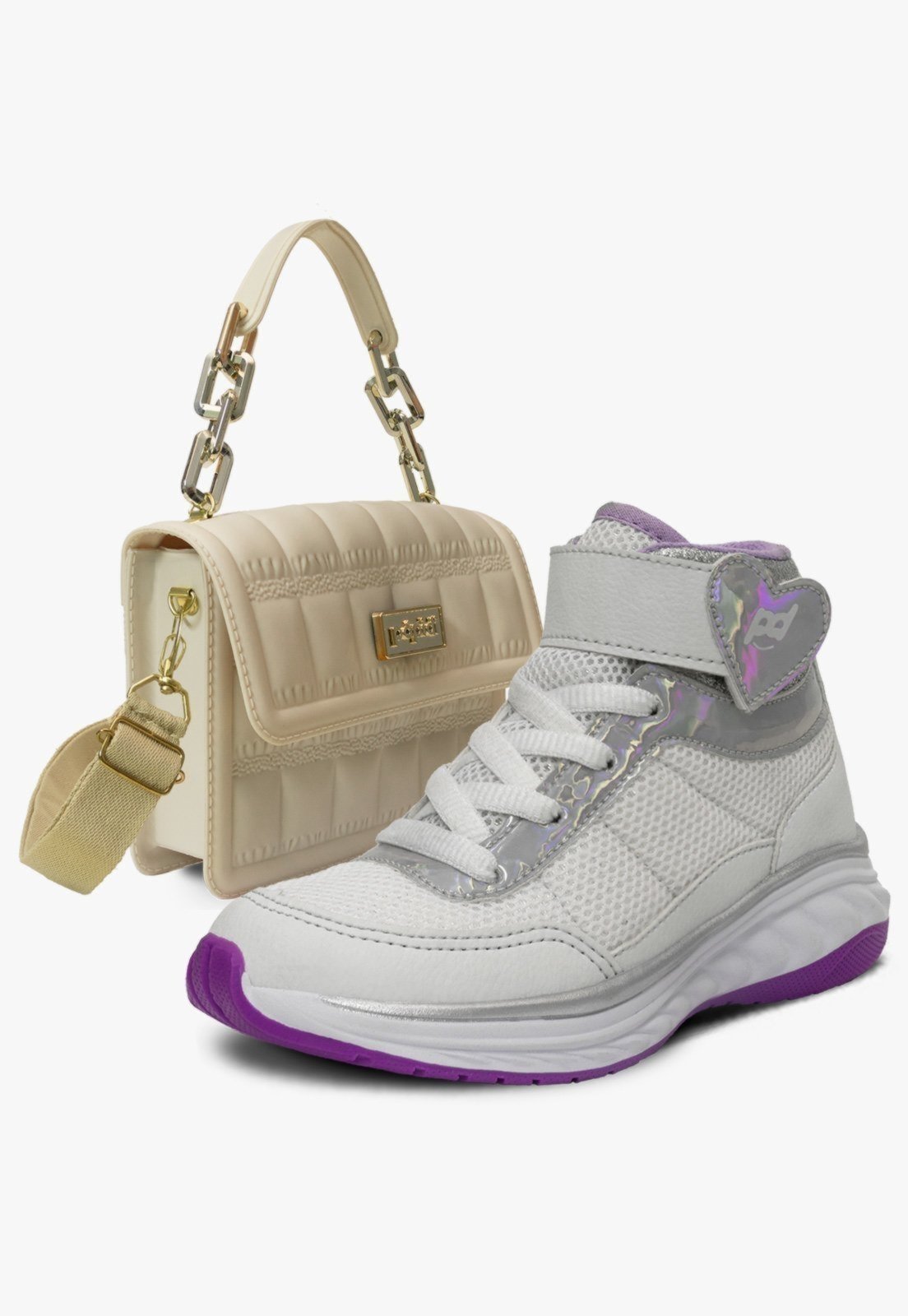 Infantil - Kit Bolsa e Tenis Juvenil Menina Cano Alto Pópidi Branco Off White