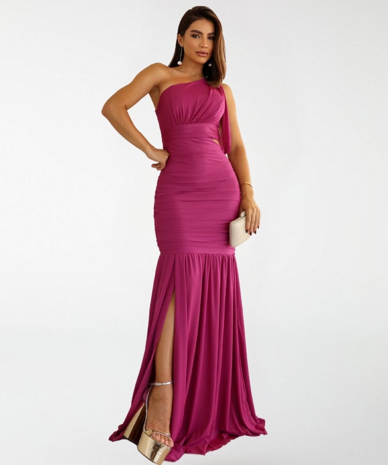 Vestido Longo Madrinhas 77VS Levosch Em Tule De Um Ombro Pink