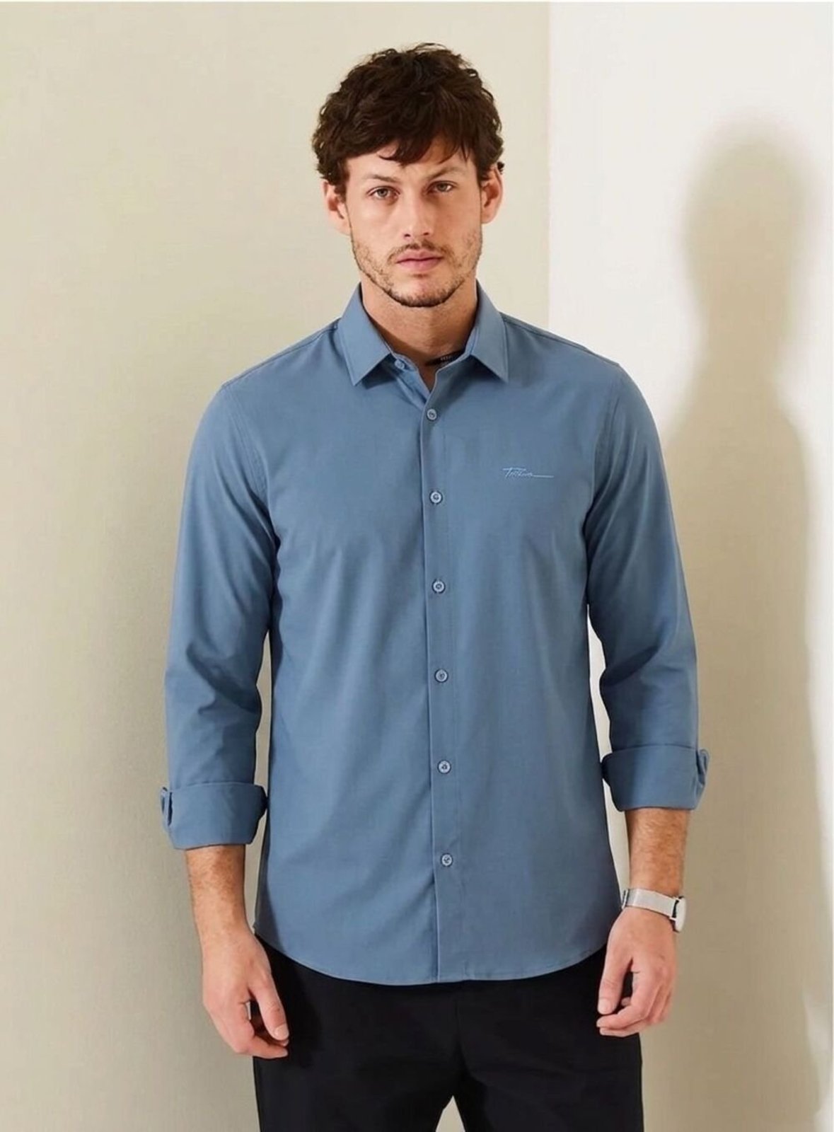 Camisa Tecido Plano Masculino Triton Triton Azul Faded Denim