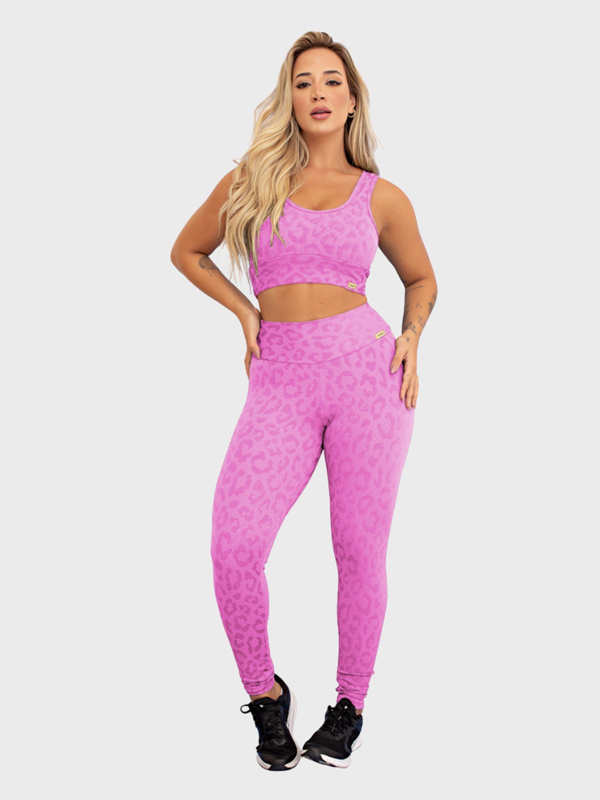 Conjunto Fitness Tarelles Top Calça Legging Textura Onça Rosa Claro
