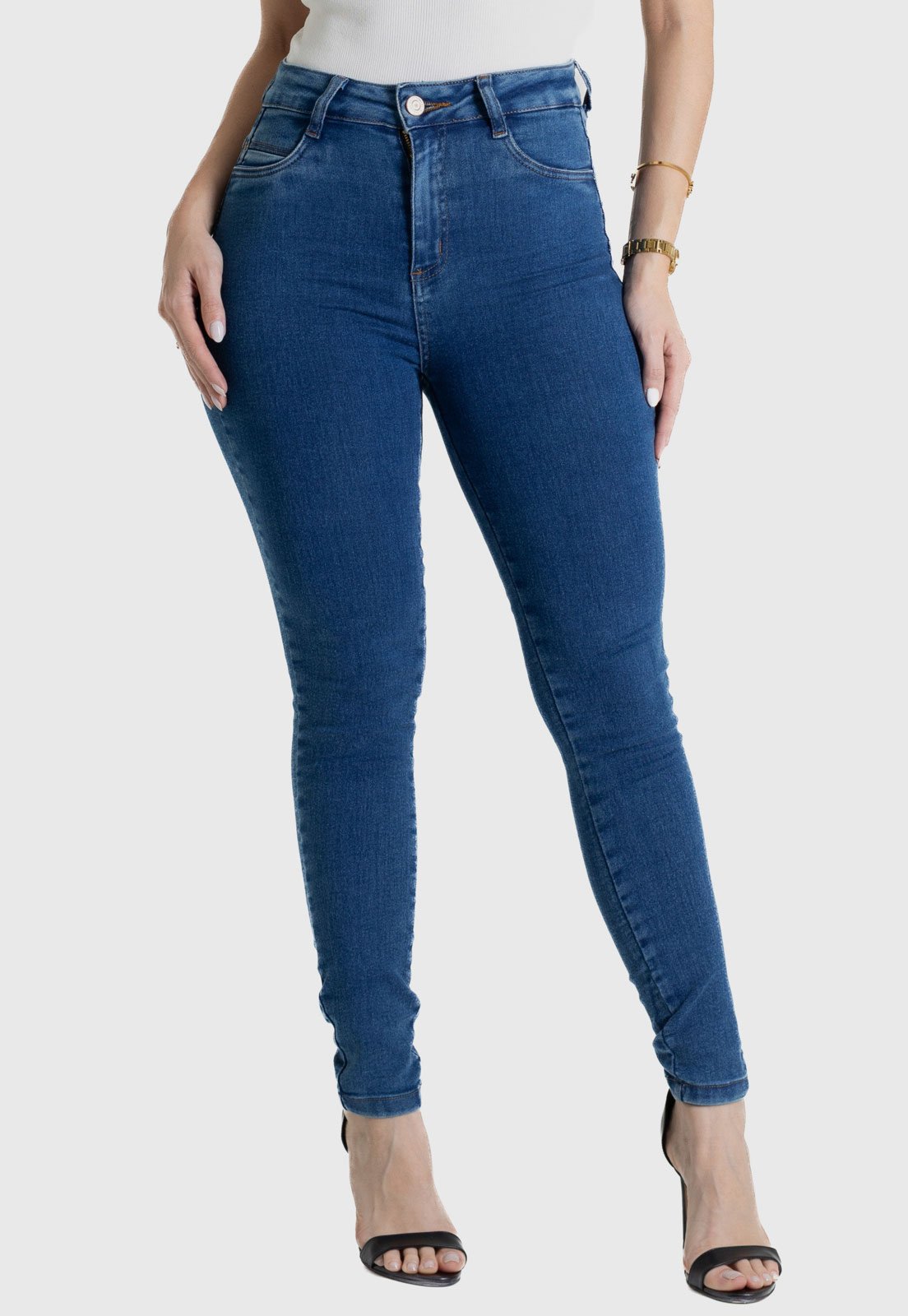 Calça Jeans Feminina Sawary Cigarrete Cintura Alta Azul Média