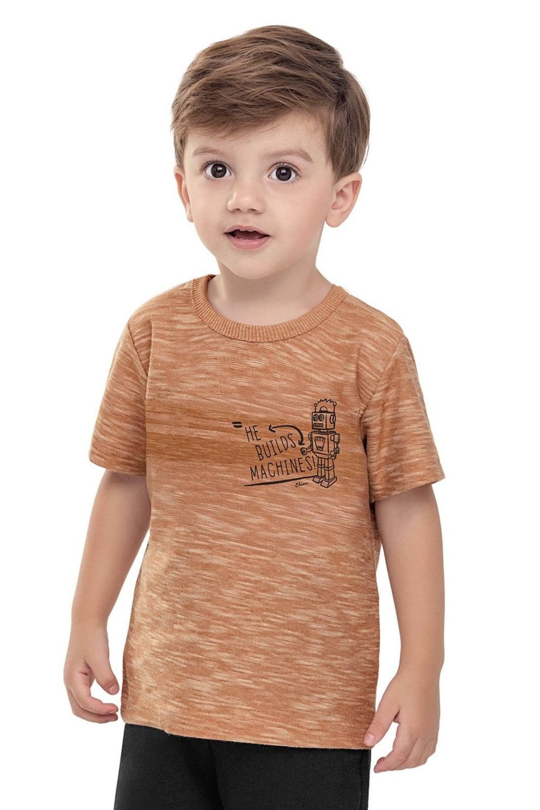 Infantil - Camiseta Menino Malha Flamê Robô Elian Marrom