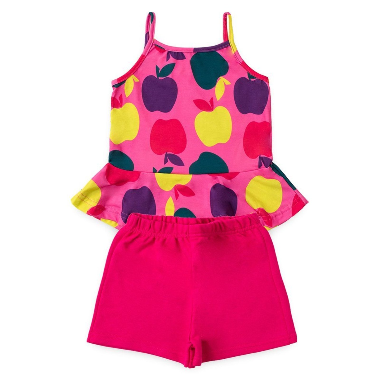 Infantil - Conjunto Verão Menina Rosa Bata Alcinha com Babado e Shorts Maças