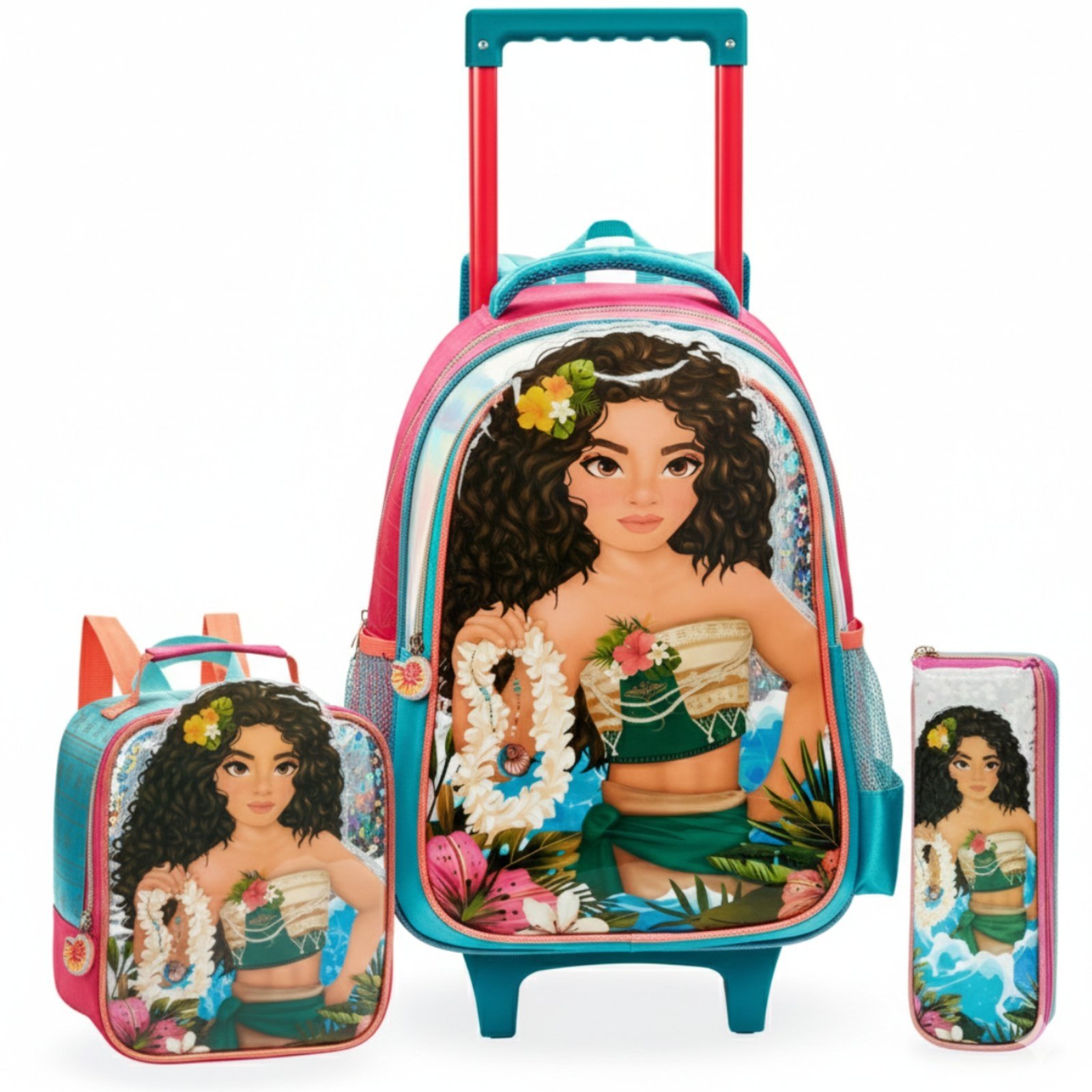 Infantil - Mochila de Rodinha Escolar Menina Desenho Lancheira Estojo Kit Escolar