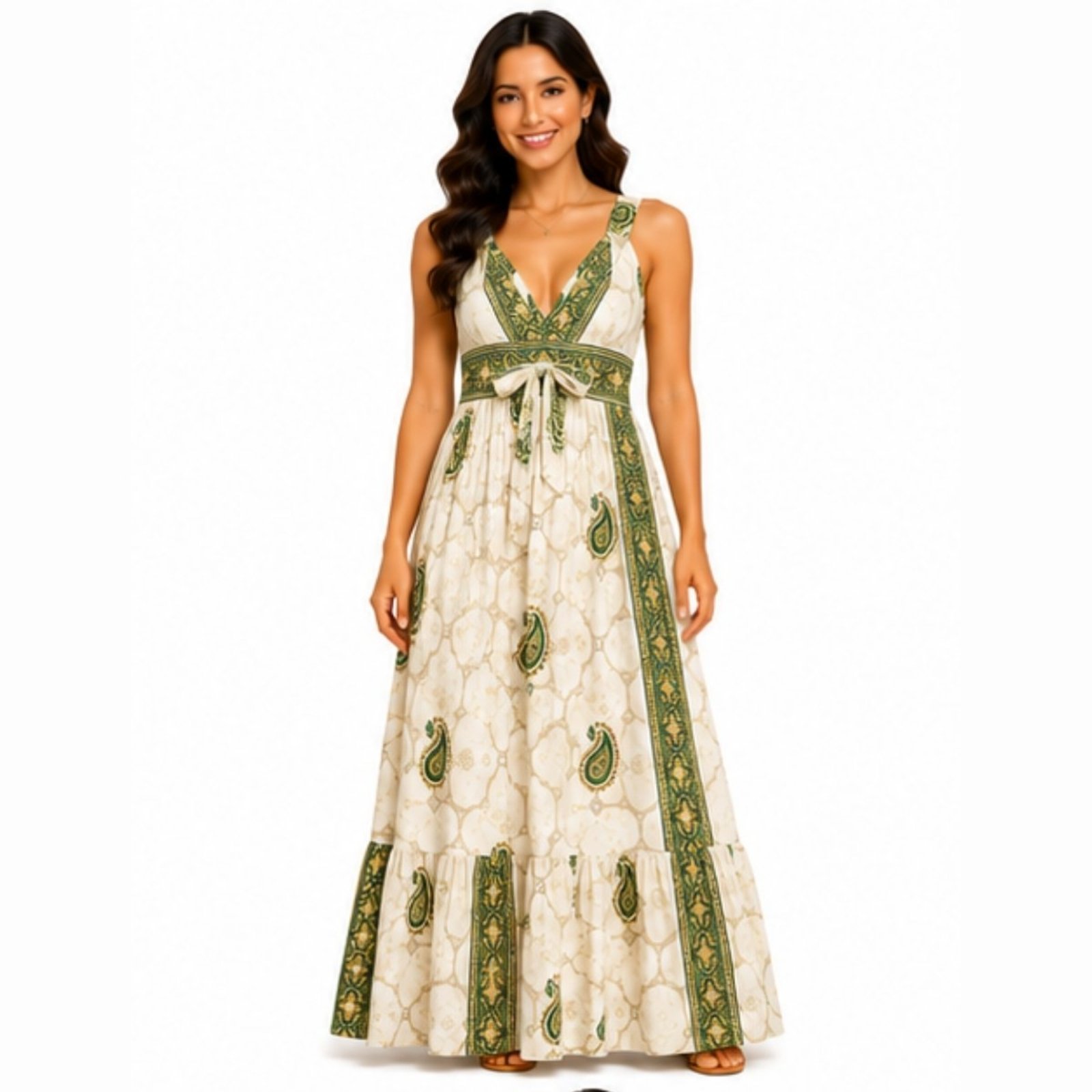 Vestido Longo Indiano Feminino Estampado Decote V com Lastex Branco