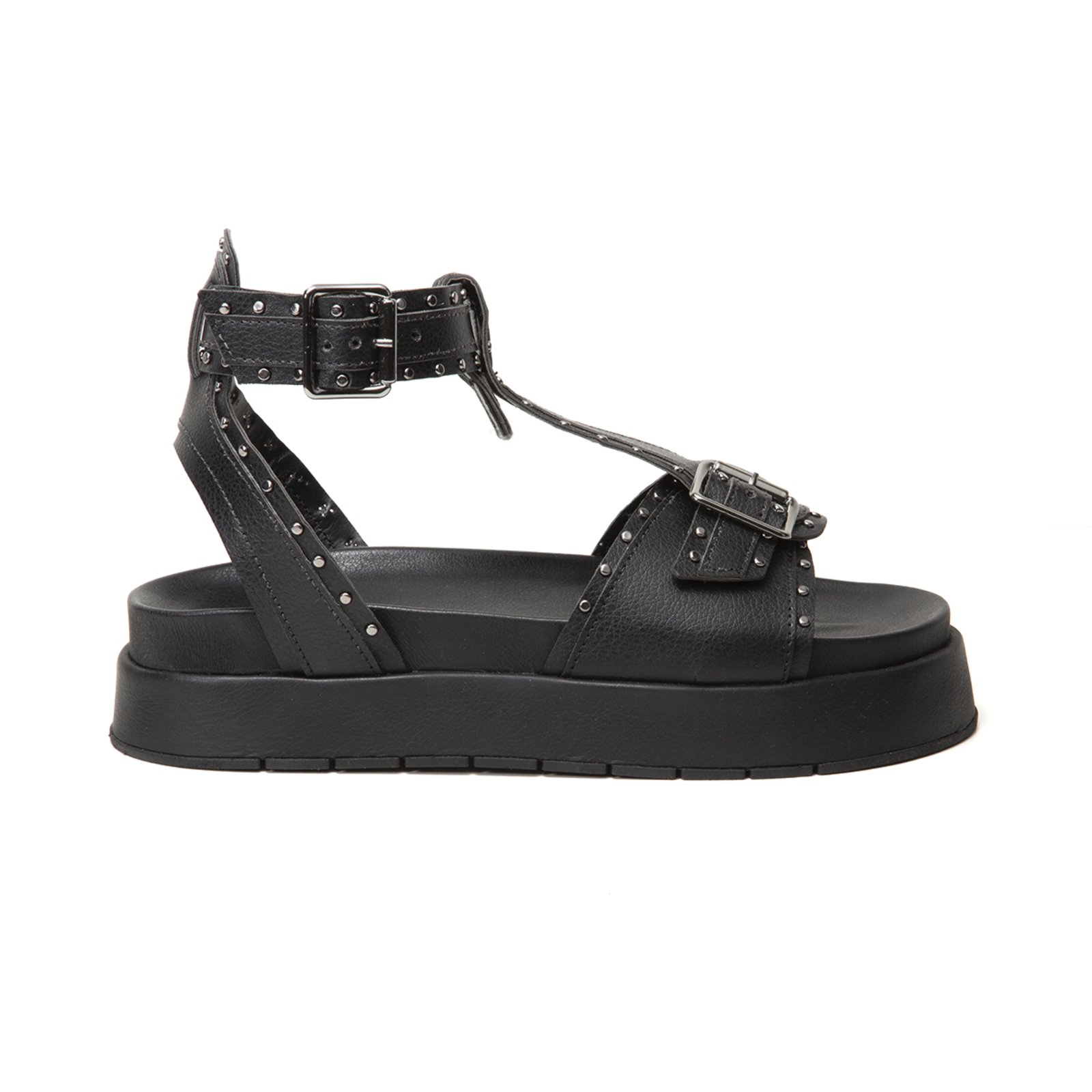 Sandália FlatForm Amarena Preto Plataforma Fivela Regulável Aplicações Spikes