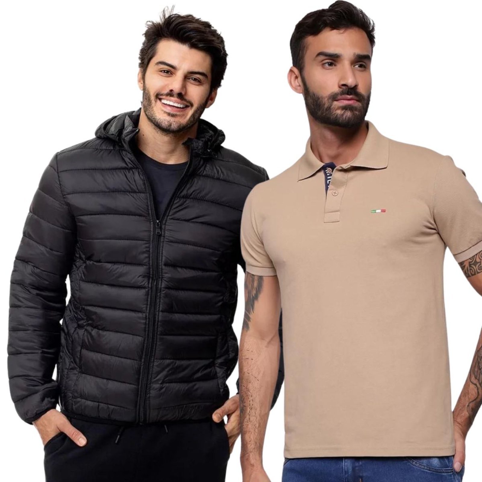 Kit FMF Jaqueta Puffer e Camisa Polo Bege Masculina Preto