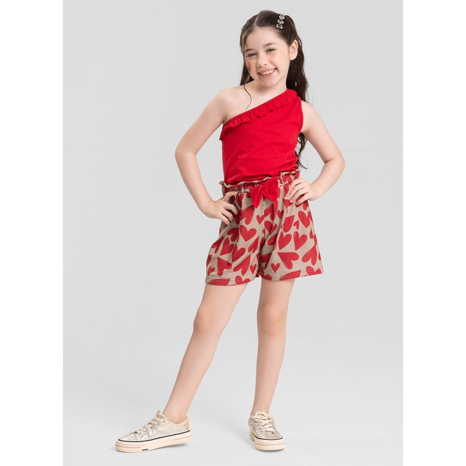 Infantil - Conjunto Verão Menina Vermelho Cropped um Ombro só e Shorts Clochard Corações