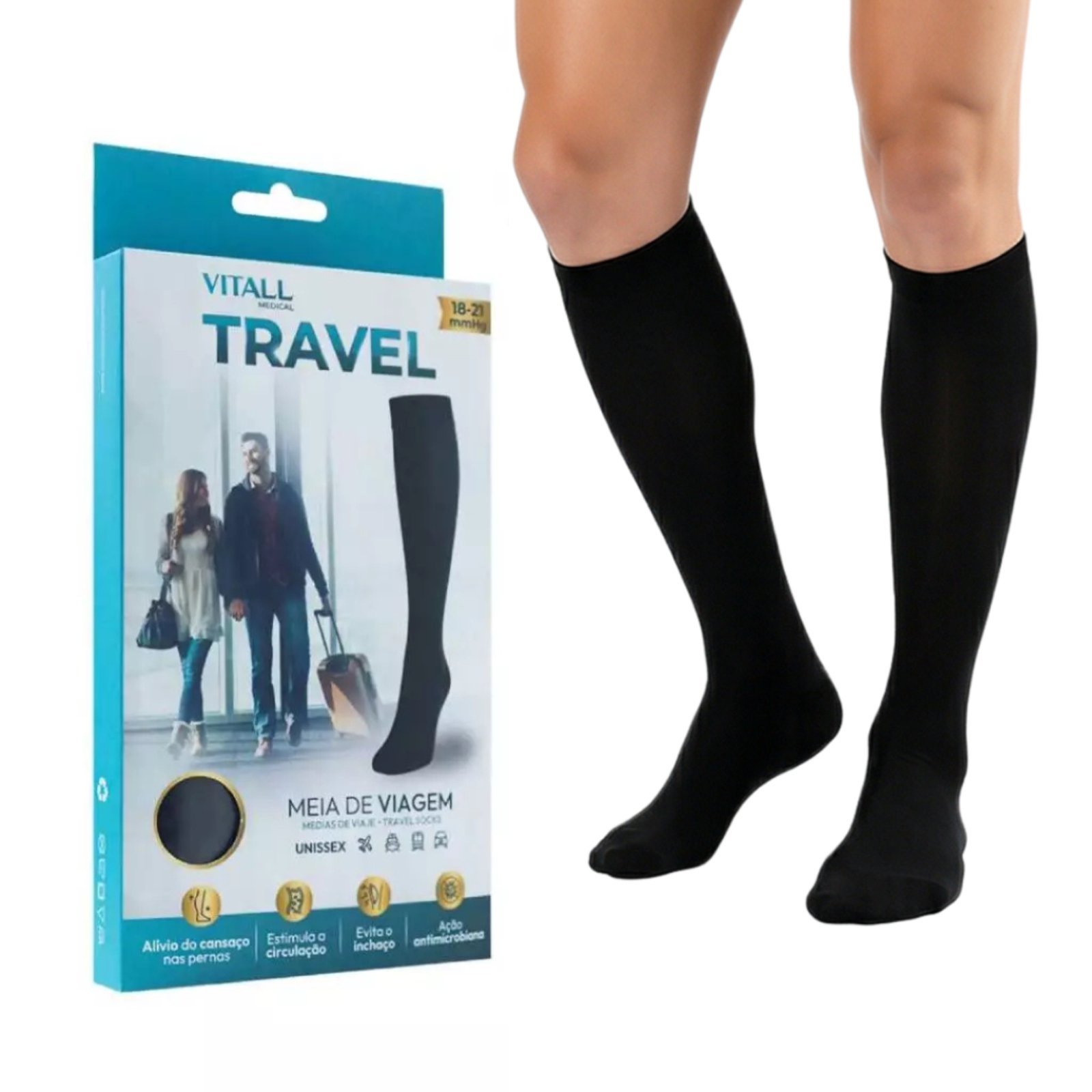 Vista 2 Meia Viagem de Avião Evita Trombose 3/4 Vitall Travel Média Compressão Com Ponteira Preta Unissex QLC SPORT bege QLC SPORT bege