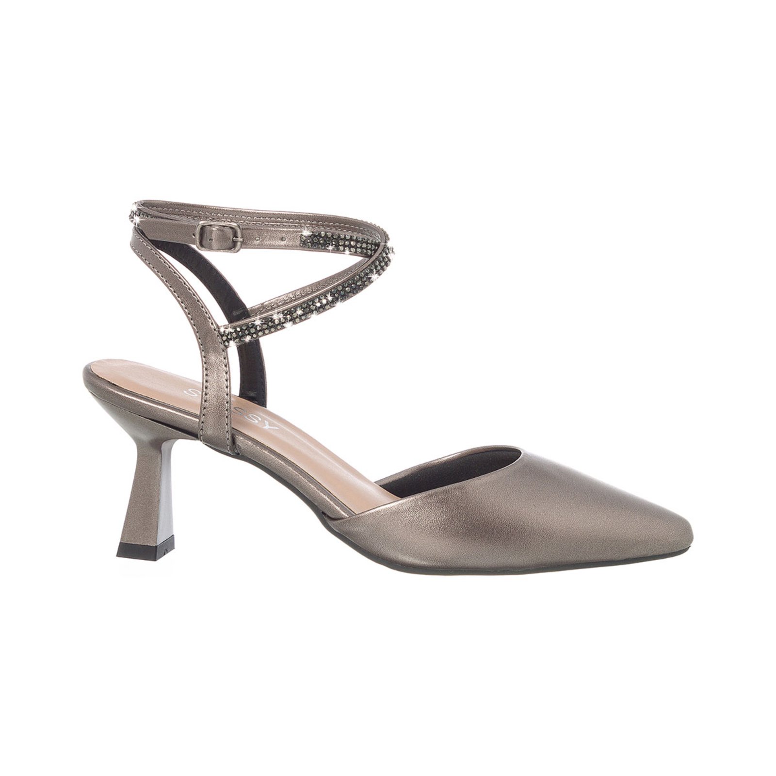 Vista 3 Scarpin Feminino Salto Baixo Taça Brilho Bico Fino Elegante Velho Stessy Shoes prata Stessy Shoes prata