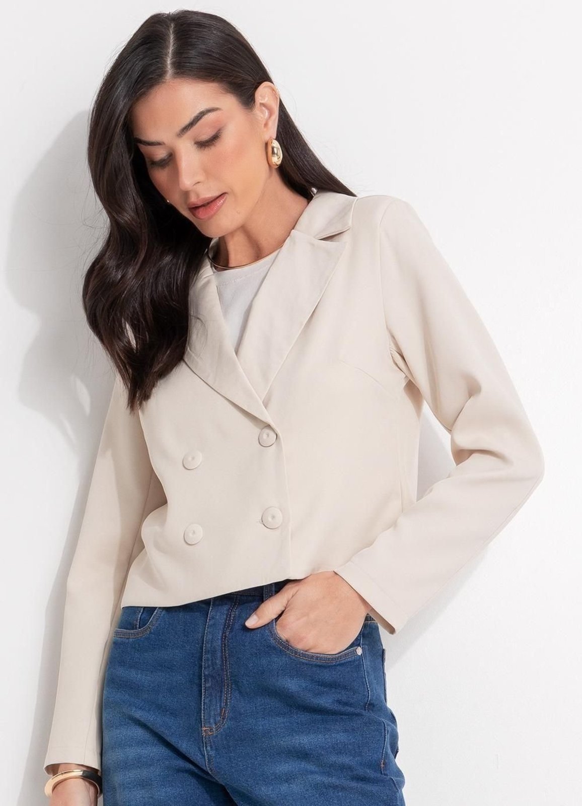 Vista 2 Blazer Em Crepe Plano Quintess Bege Claro marrom Quintess marrom