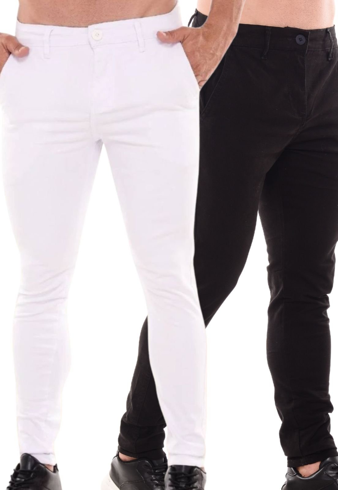 Kit 2 Calças Sarja Masculina Niha Jeans Confortável e Estilosa Branco e Preto